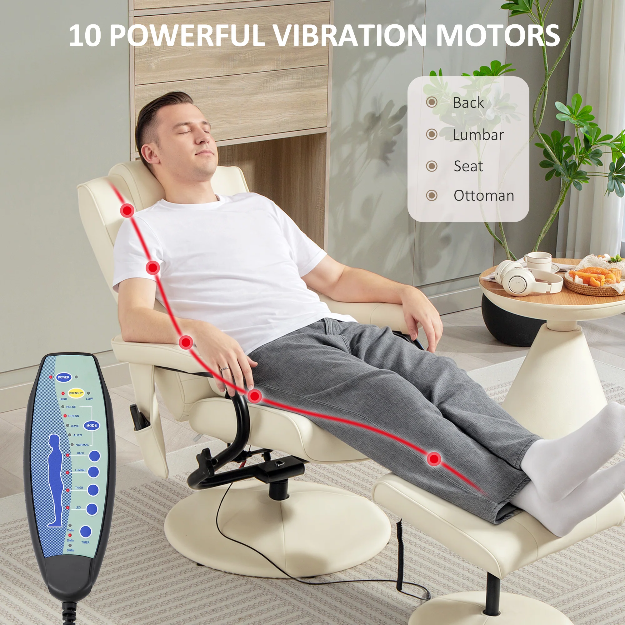 HOMCOM Massage Recliner Chair Cushioned Ottoman 10 Point Vibration Cream - Image 3