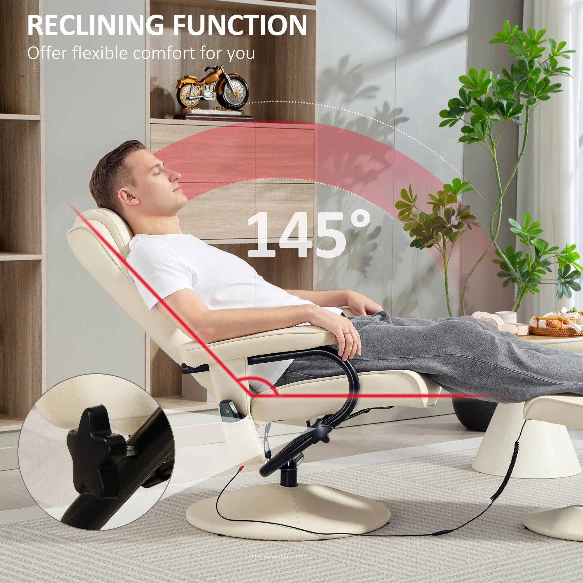 HOMCOM Massage Recliner Chair Cushioned Ottoman 10 Point Vibration Cream - Image 4