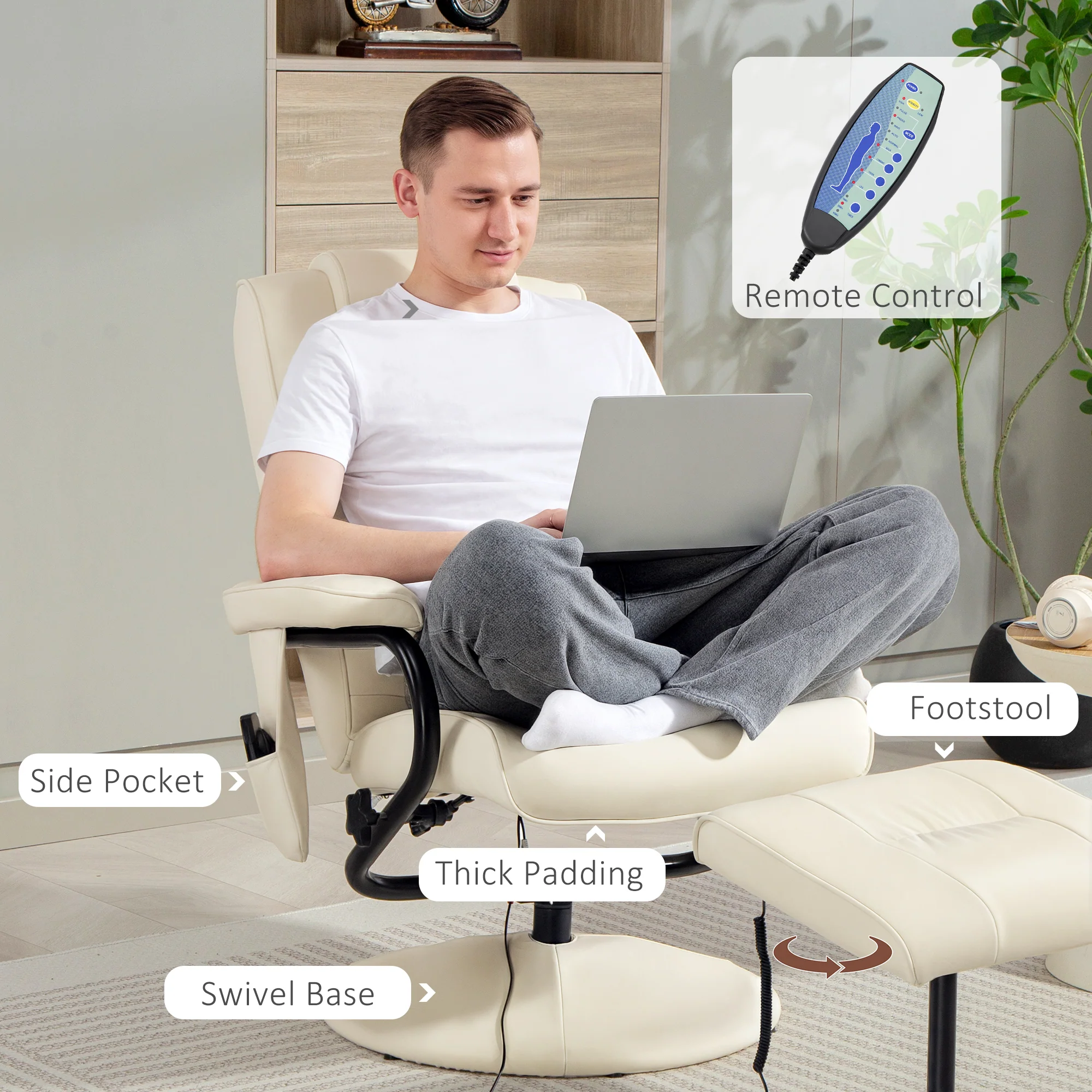 HOMCOM Massage Recliner Chair Cushioned Ottoman 10 Point Vibration Cream - Image 6