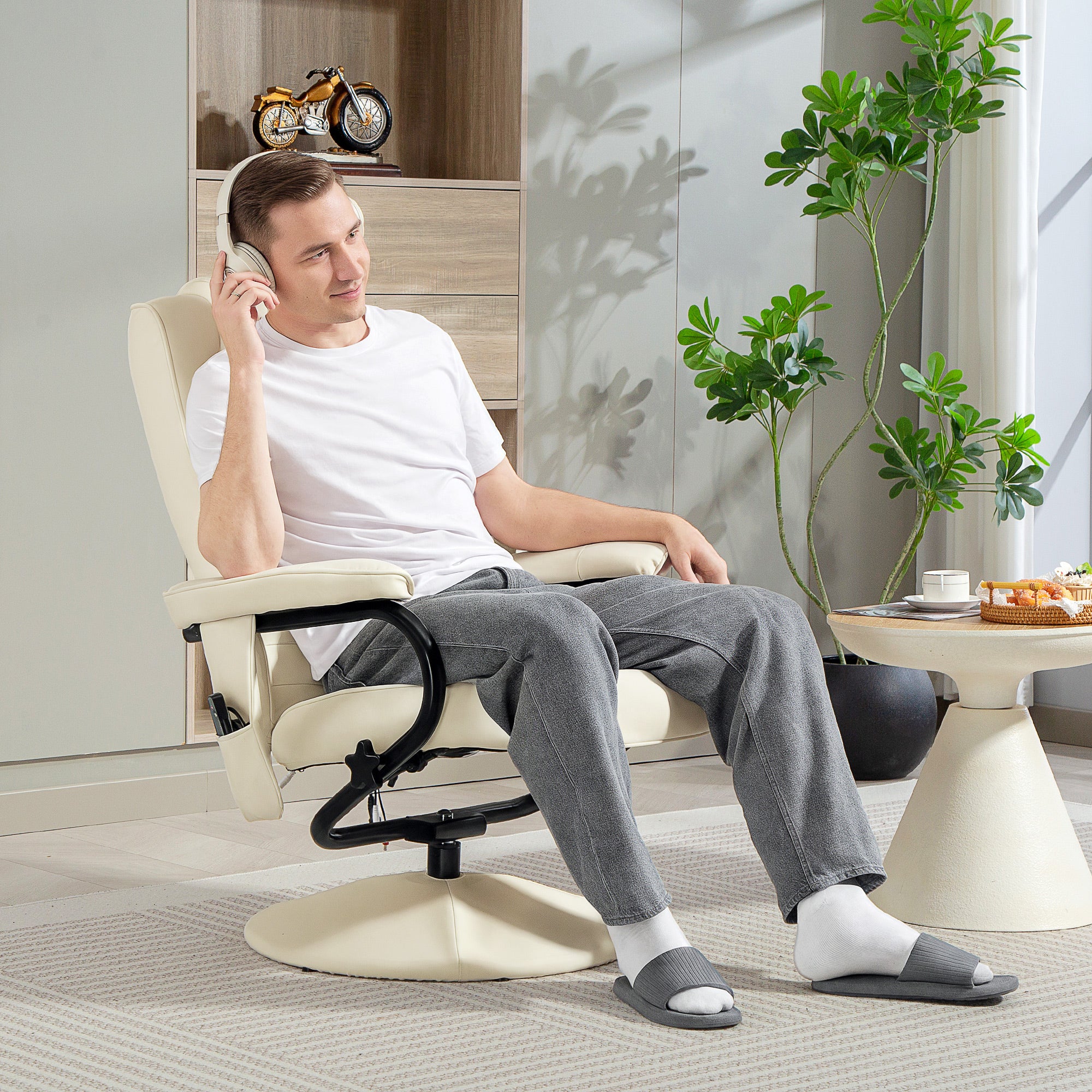 HOMCOM Massage Recliner Chair Cushioned Ottoman 10 Point Vibration Cream - Image 7