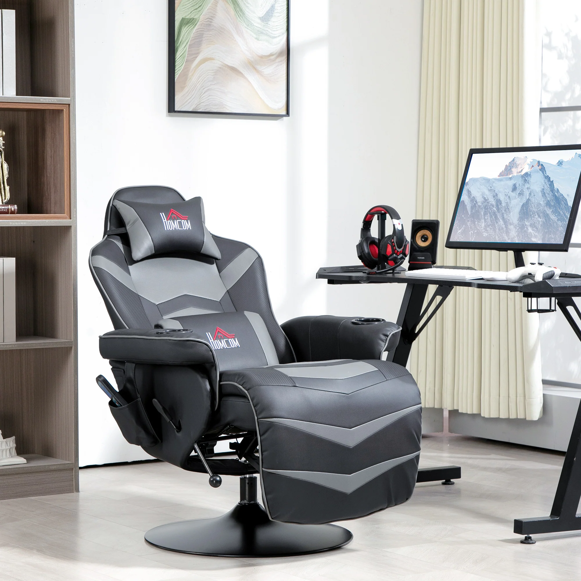 HOMCOM Massage Recliner Chair with Remote, PU Leather Recliner Armchair Grey - Image 2