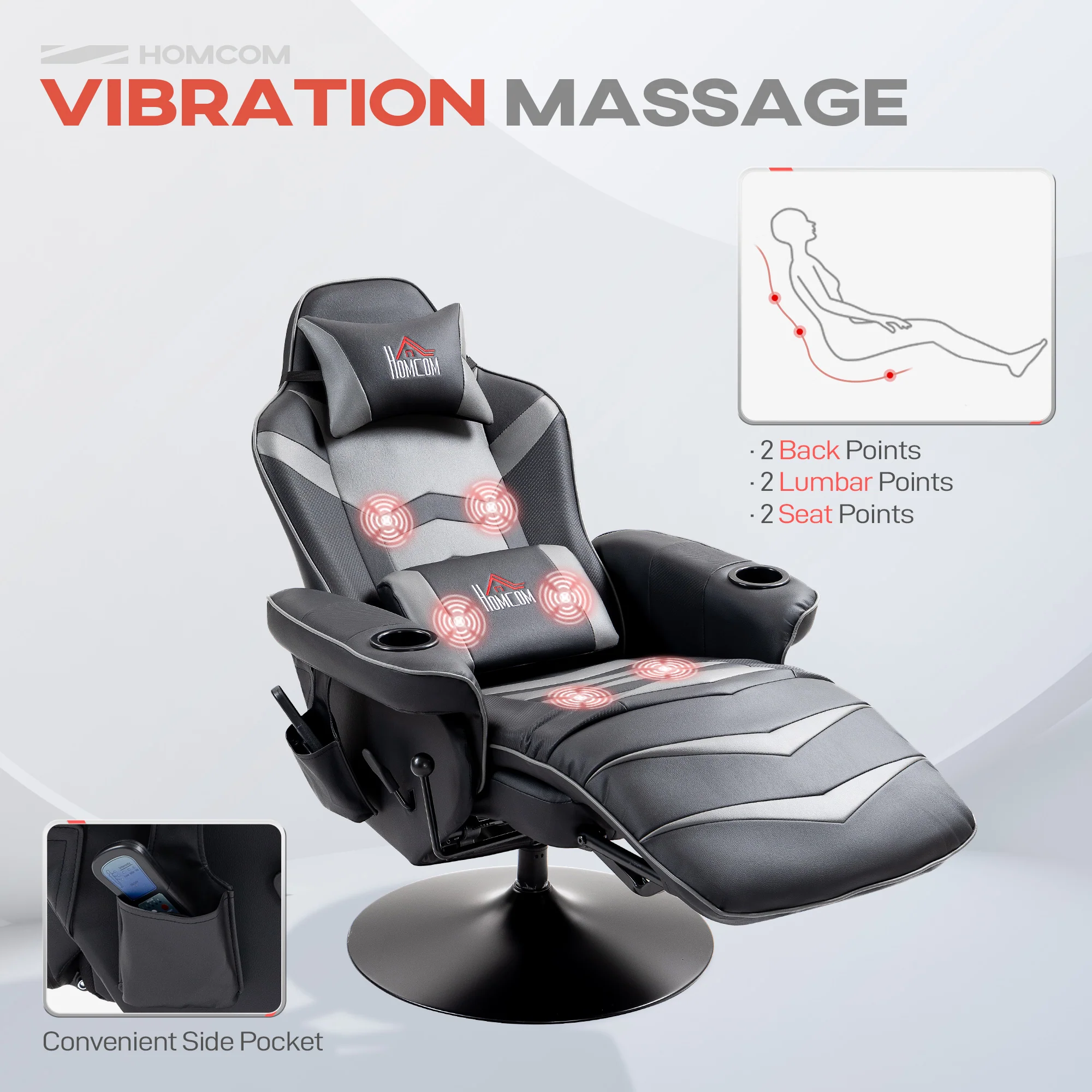HOMCOM Massage Recliner Chair with Remote, PU Leather Recliner Armchair Grey - Image 3