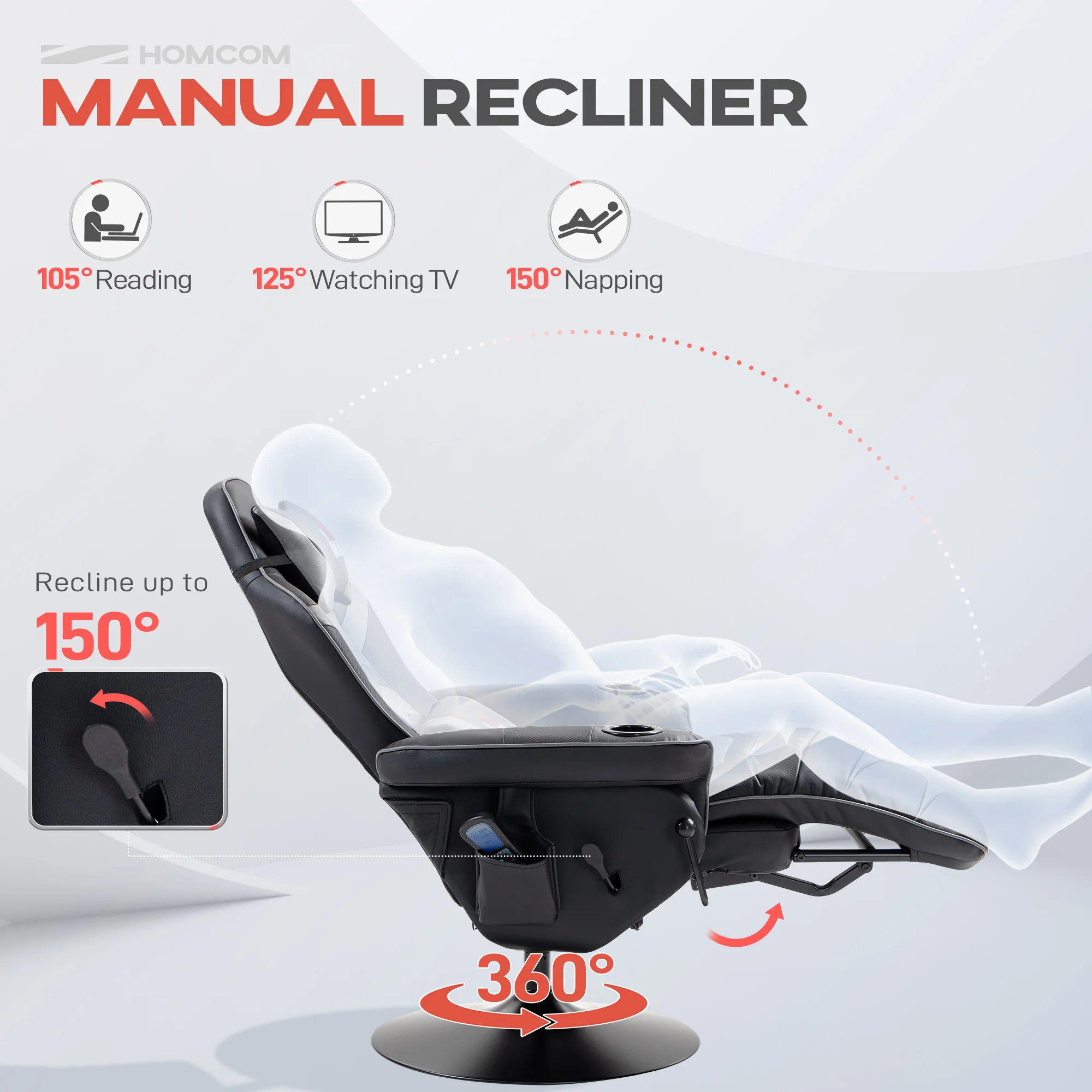 HOMCOM Massage Recliner Chair with Remote, PU Leather Recliner Armchair Grey - Image 4