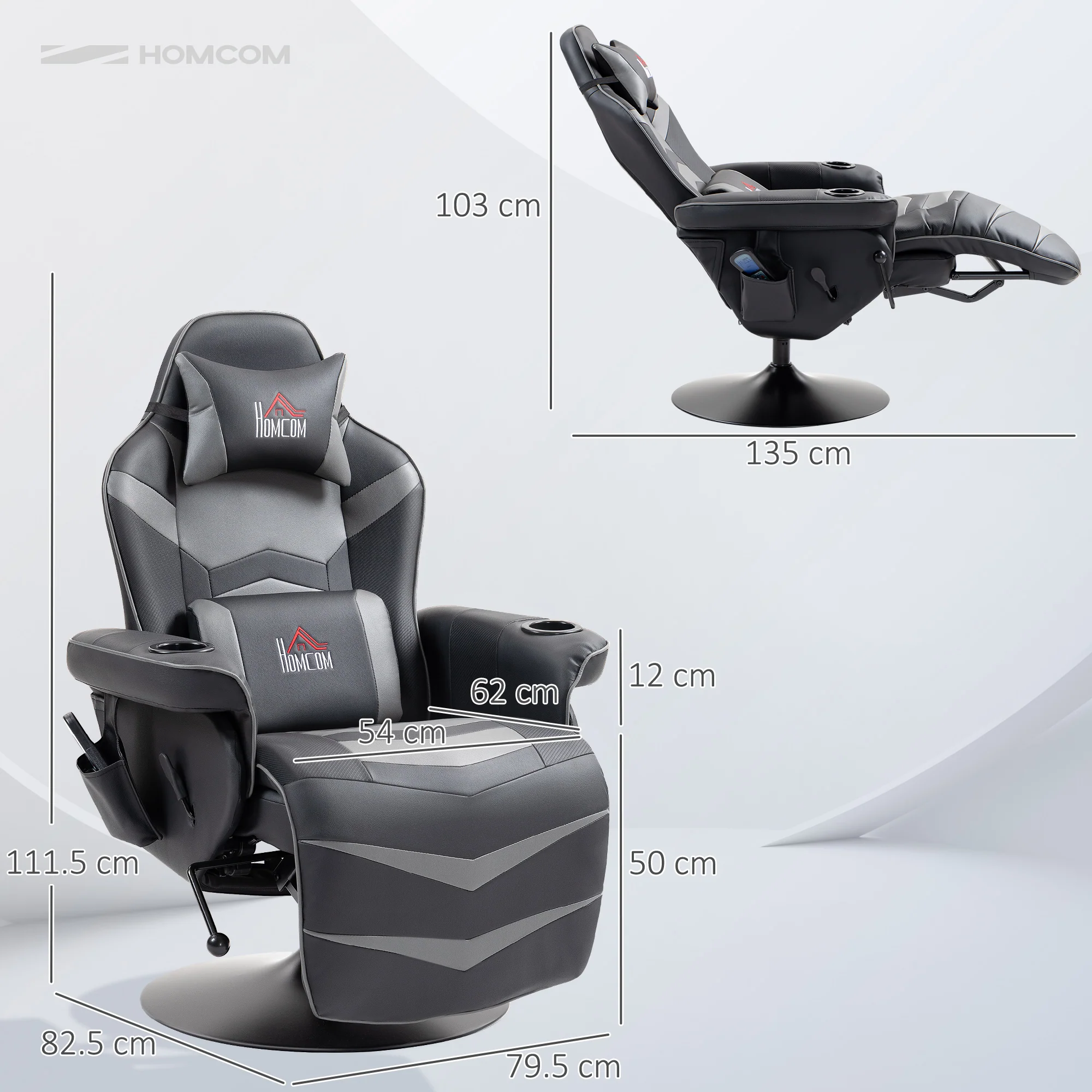 HOMCOM Massage Recliner Chair with Remote, PU Leather Recliner Armchair Grey - Image 5