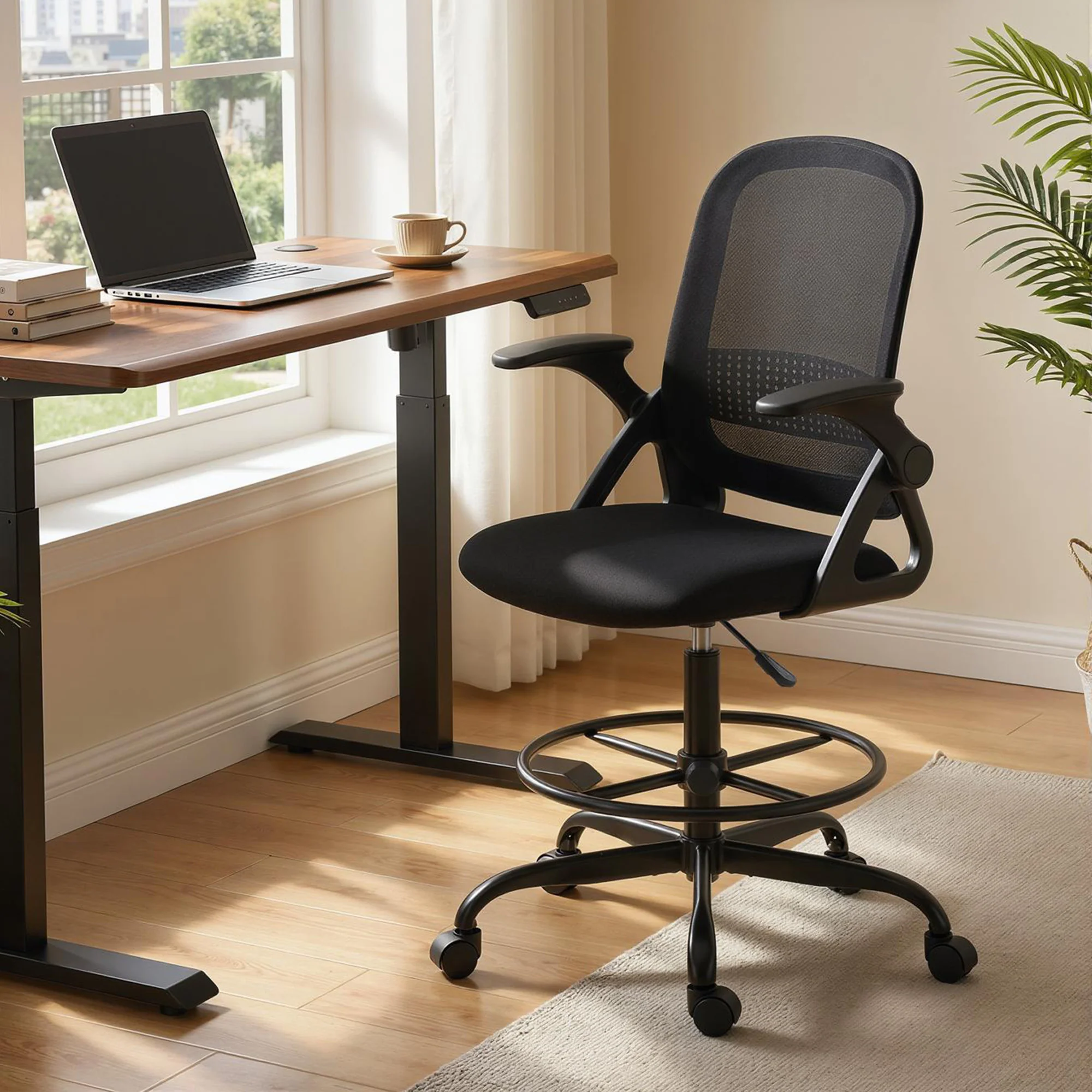HOMCOM Mesh Painting Chair, Rolling Desk Chair With Flip-up Armrests, Black - Image 2
