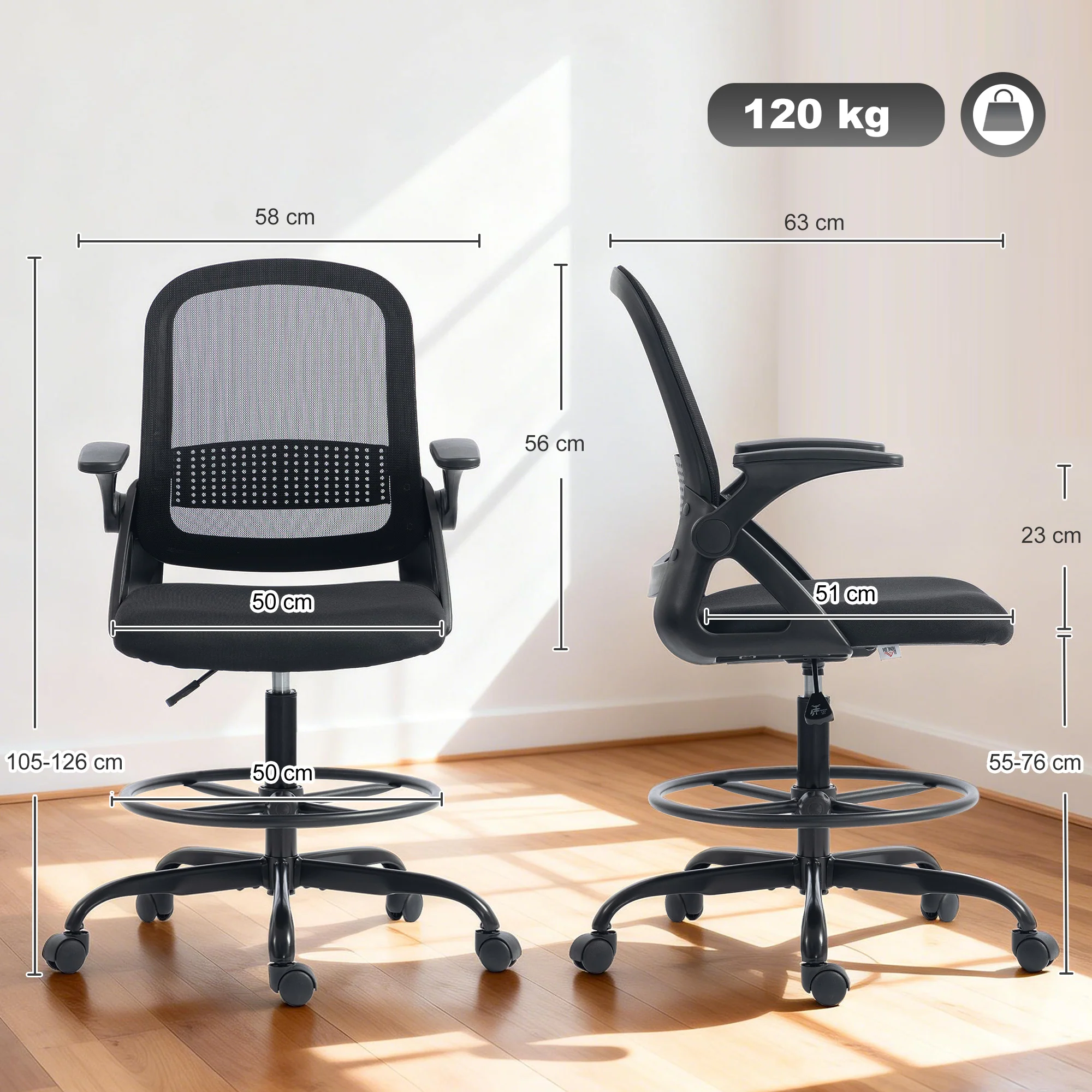 HOMCOM Mesh Painting Chair, Rolling Desk Chair With Flip-up Armrests, Black - Image 3