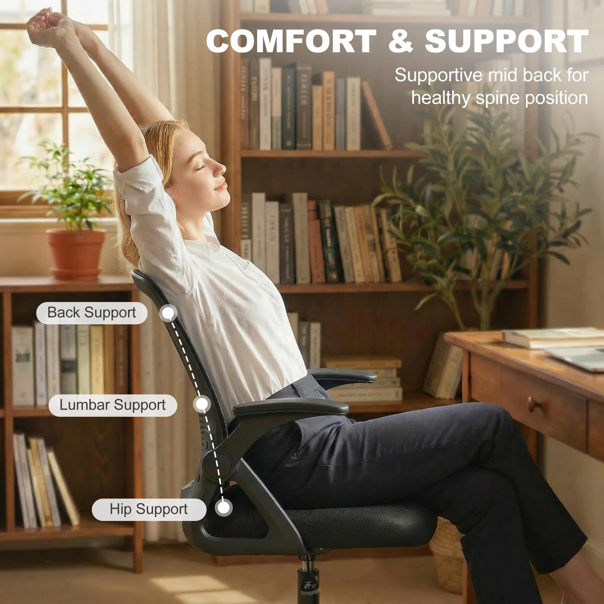 HOMCOM Mesh Painting Chair, Rolling Desk Chair With Flip-up Armrests, Black - Image 6