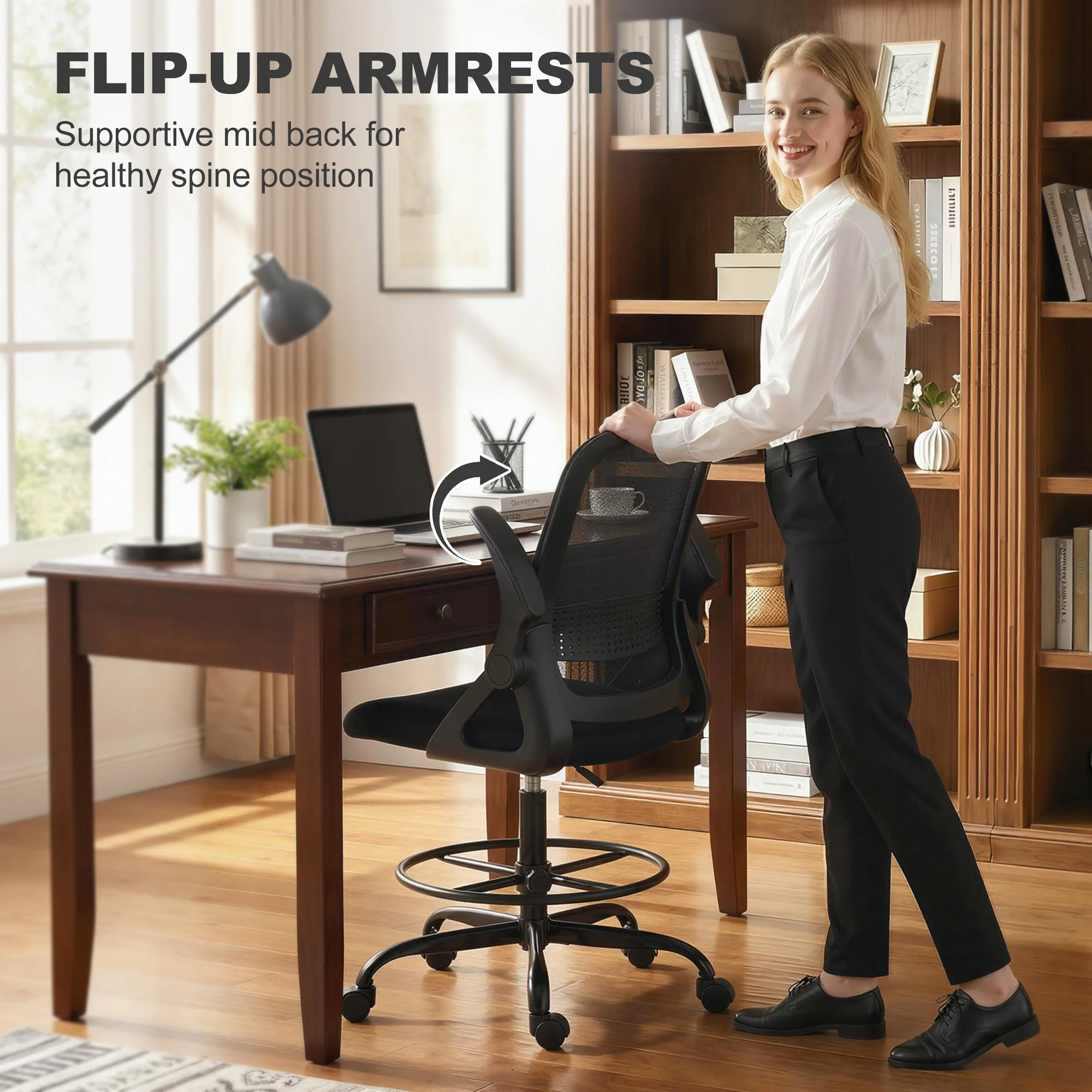 HOMCOM Mesh Painting Chair, Rolling Desk Chair With Flip-up Armrests, Black - Image 7
