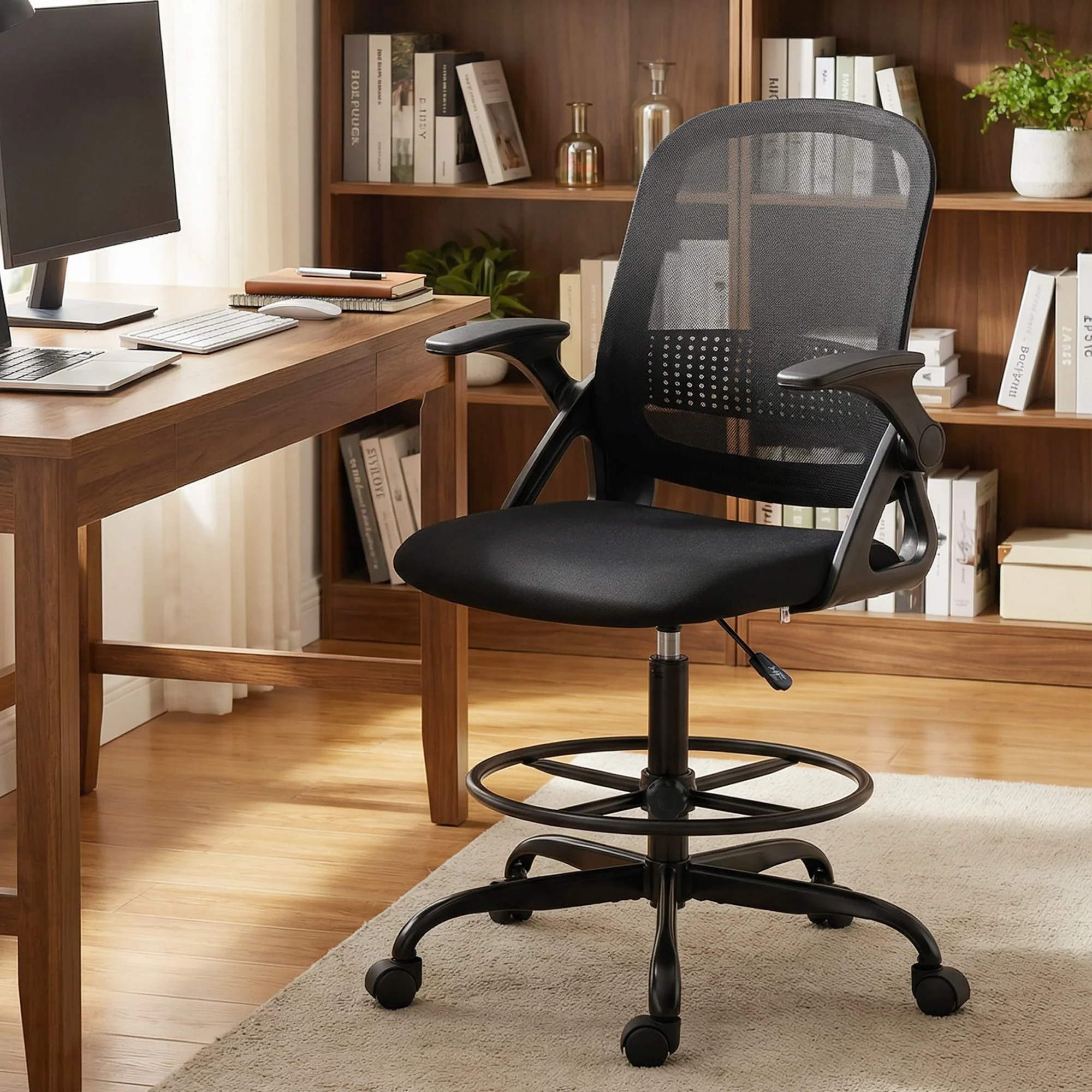 HOMCOM Mesh Painting Chair, Rolling Desk Chair With Flip-up Armrests, Black - Image 9