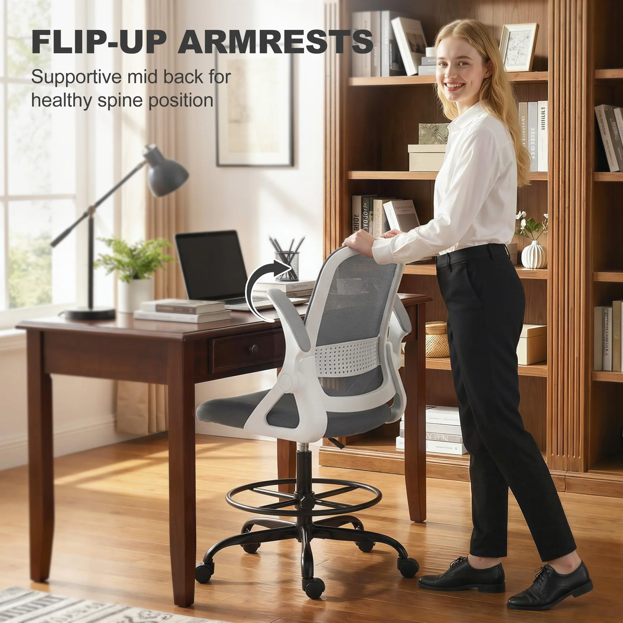HOMCOM Mesh Painting Chair, Rolling Desk Chair With Flip-up Armrests, Grey - Image 7