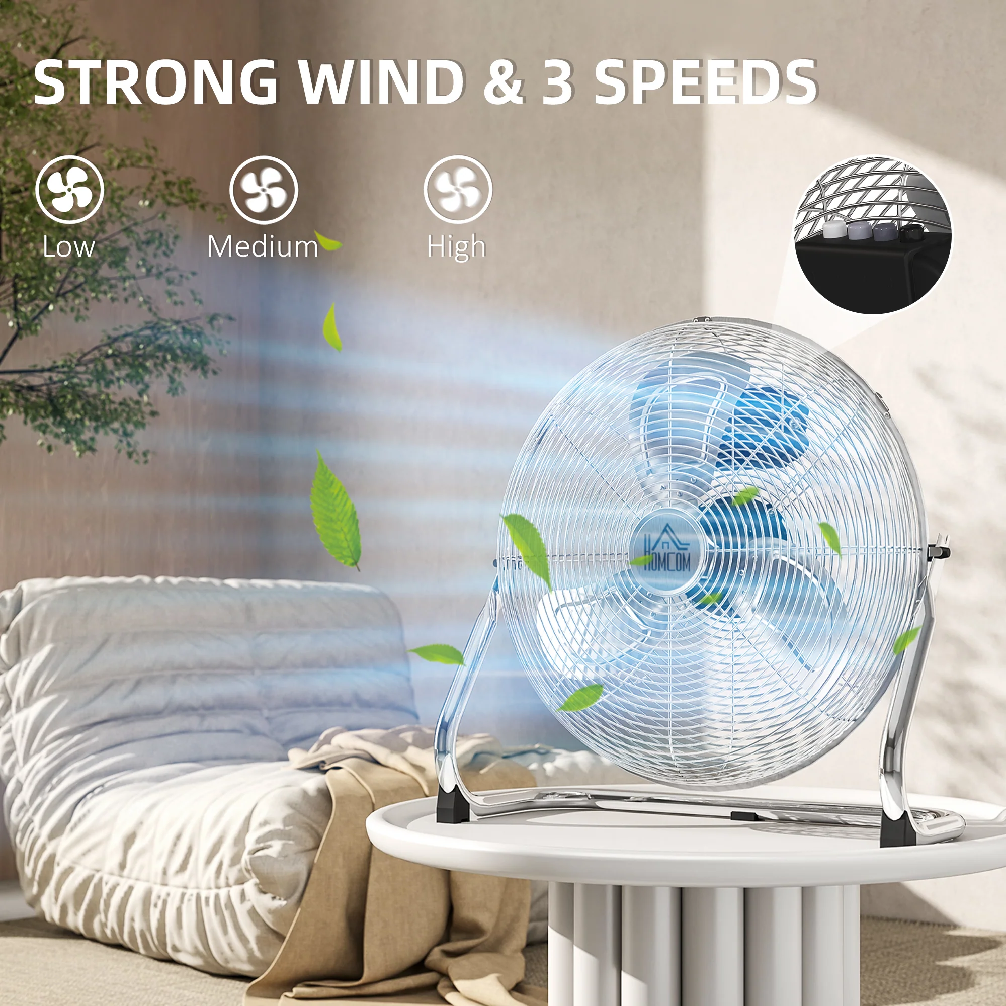 HOMCOM Metal Floor Fan with 3 Speeds & Adjustable Tilt, Silver - Image 4