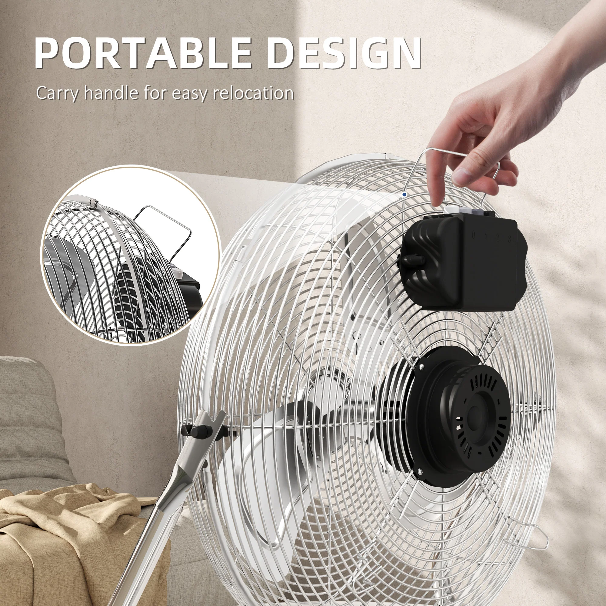 HOMCOM Metal Floor Fan with 3 Speeds & Adjustable Tilt, Silver - Image 7