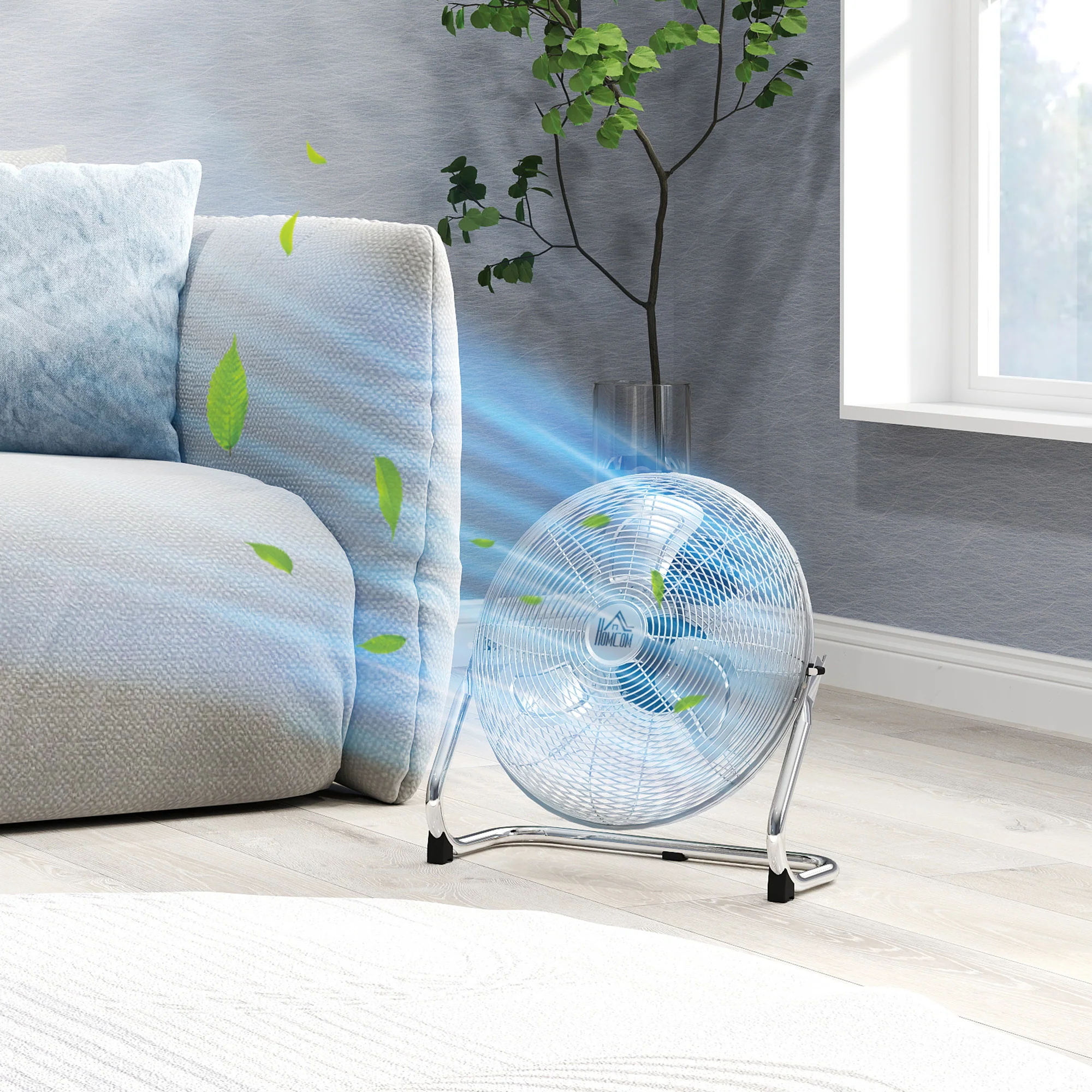 HOMCOM Metal Floor Fan with 3 Speeds & Adjustable Tilt, Silver - Image 9