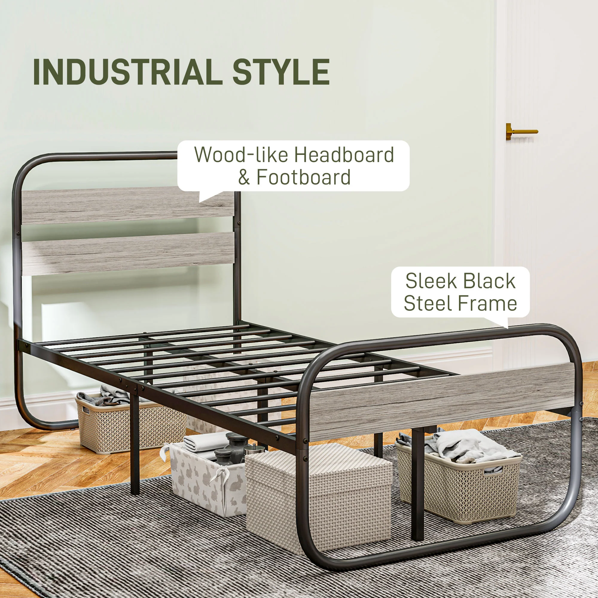 HOMCOM Metal Platform Bed Frame with Under Bed Storage - Image 3