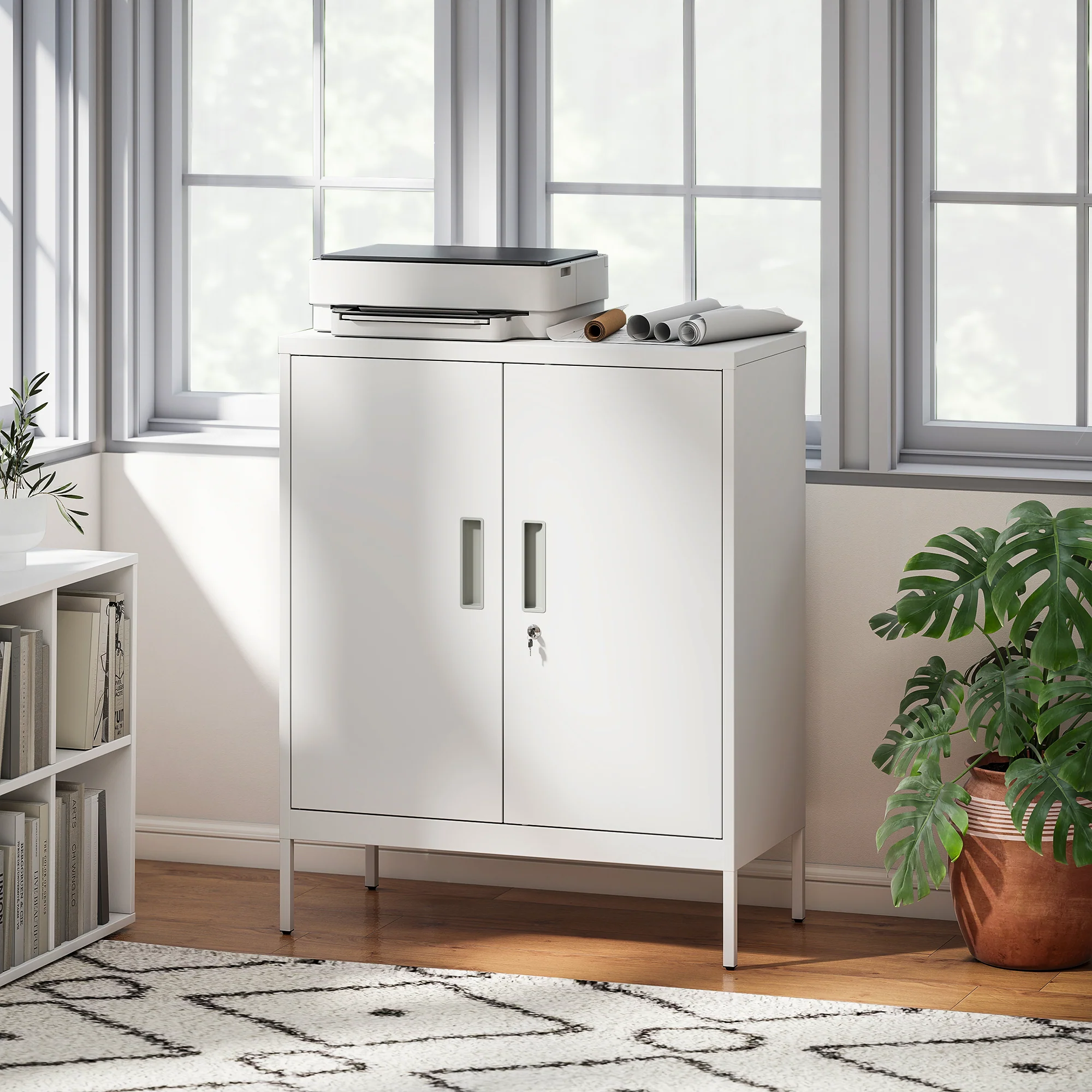 HOMCOM Metal Storage Cabinet with Lock for Home Office, Garage, Study, White - Image 2