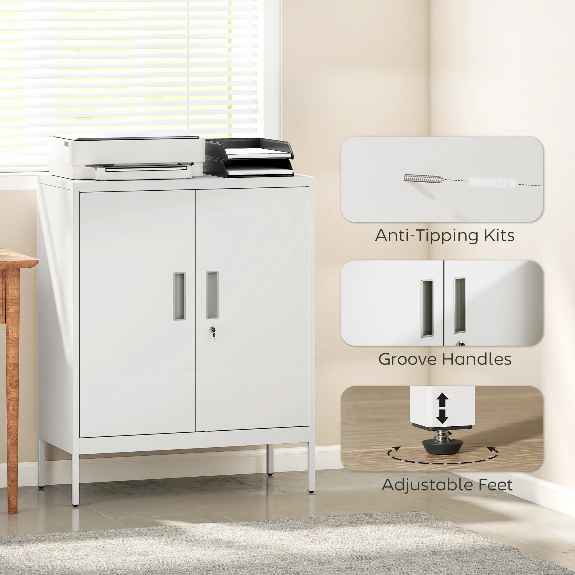 HOMCOM Metal Storage Cabinet with Lock for Home Office, Garage, Study, White - Image 7
