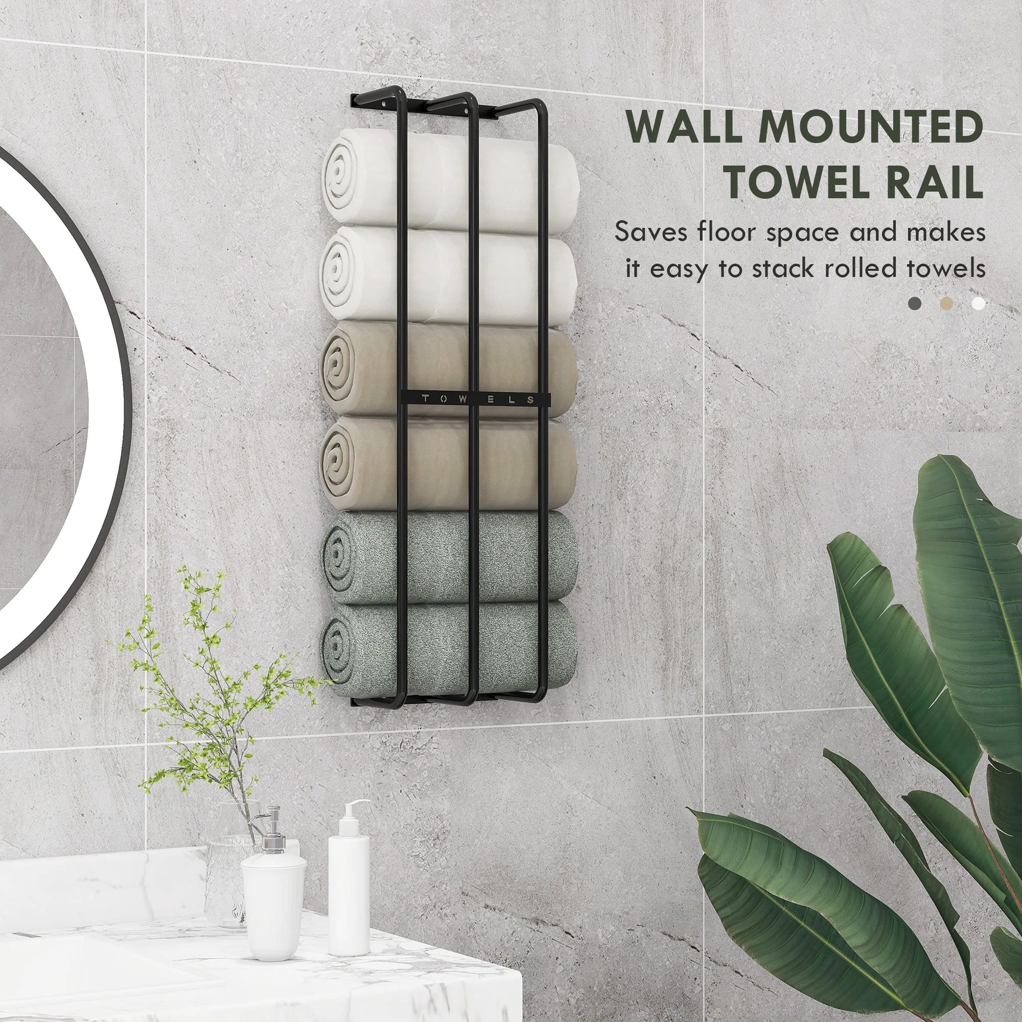 HOMCOM Metal Towel Rack Wall Mounted, 3 Bar Towel Rail For Bathroom, Black - Image 3
