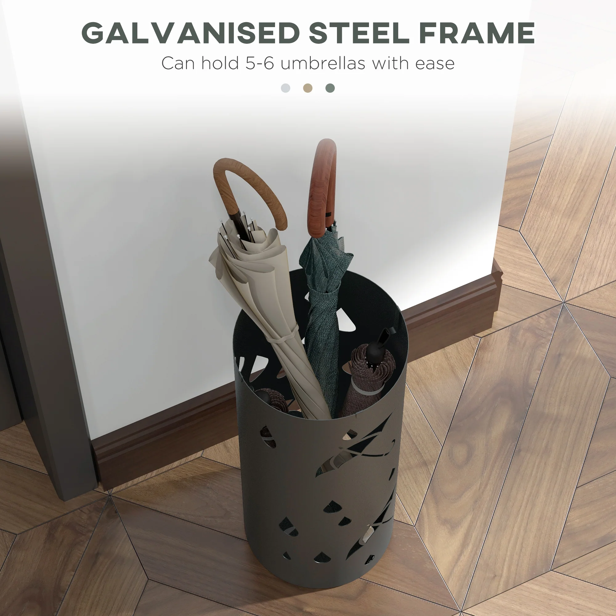 HOMCOM Metal Umbrella Stand, Hollowed Umbrella Basket With 4 Hooks And Drip Tray - Image 3