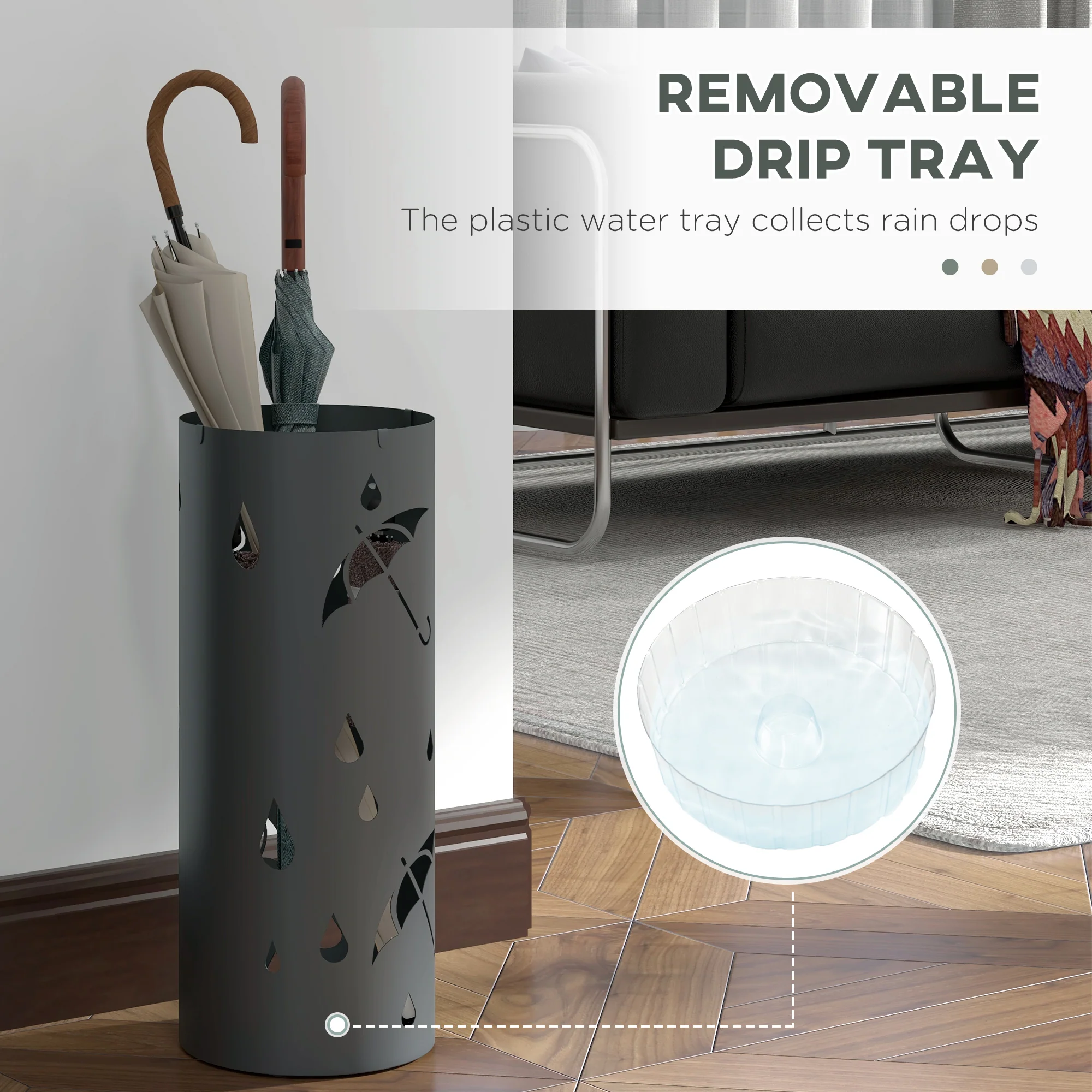 HOMCOM Metal Umbrella Stand, Hollowed Umbrella Basket With 4 Hooks And Drip Tray - Image 4