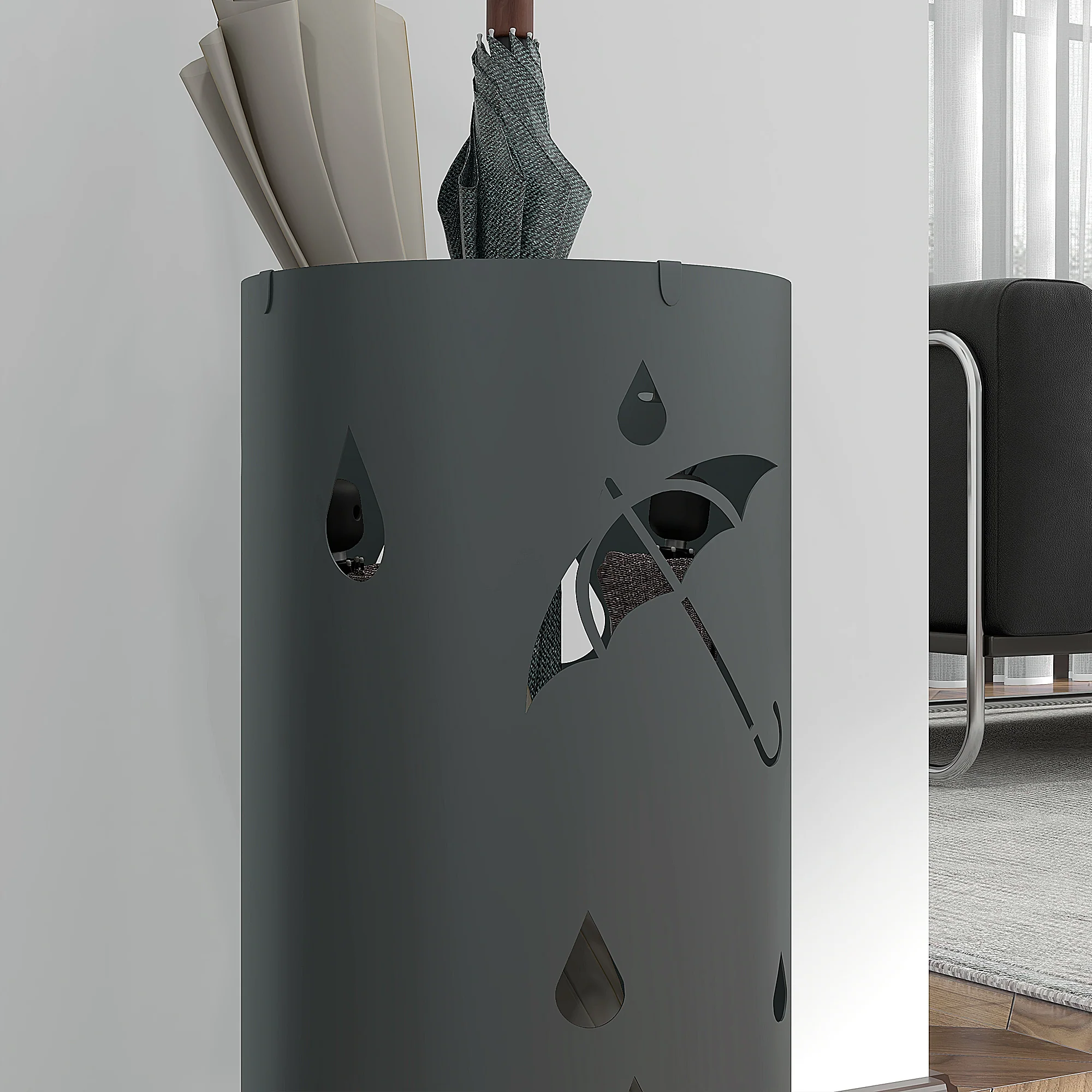 HOMCOM Metal Umbrella Stand, Hollowed Umbrella Basket With 4 Hooks And Drip Tray - Image 8