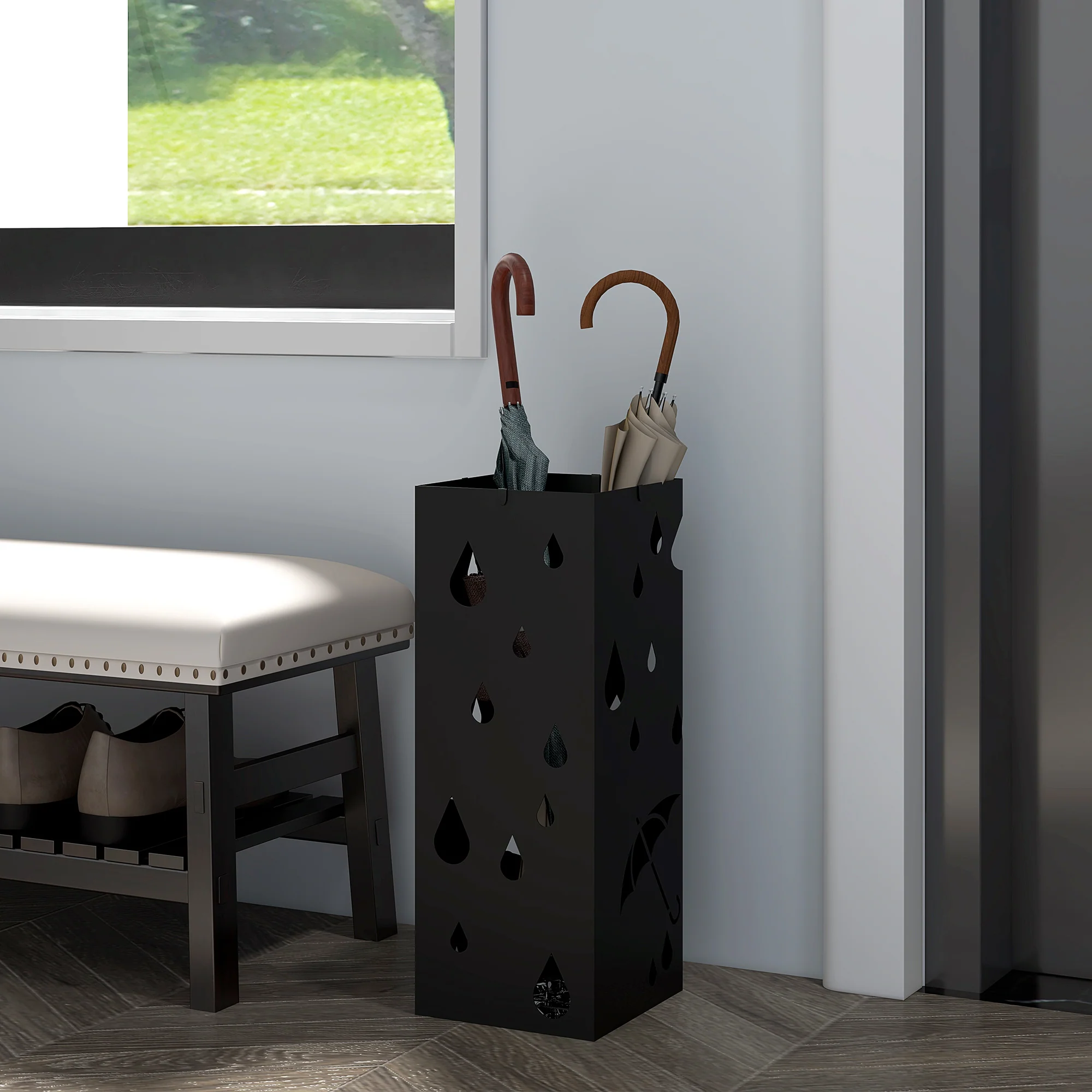HOMCOM Metal Umbrella Stand, Square Umbrella Basket with 4 Hooks and Drip Tray - Image 2