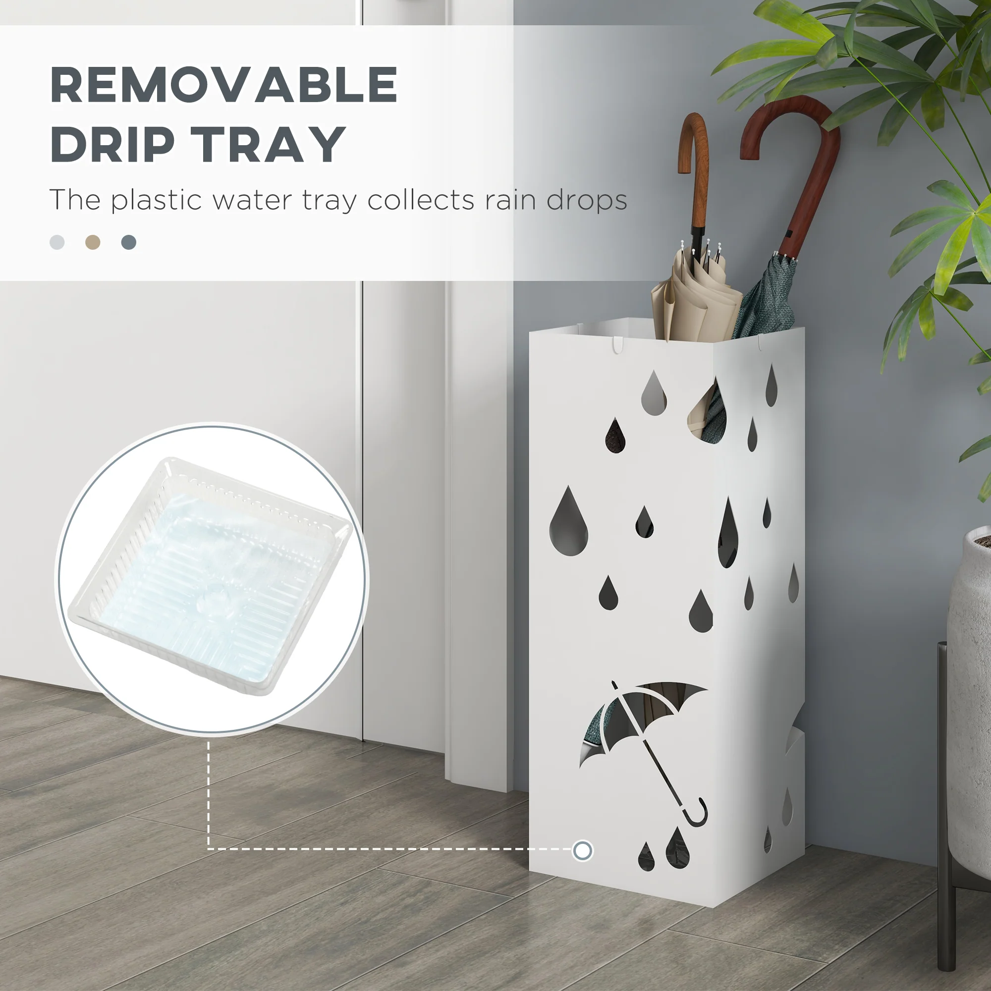 HOMCOM Metal Umbrella Stand, Square Umbrella Basket With 4 Hooks Drip Tray White - Image 4