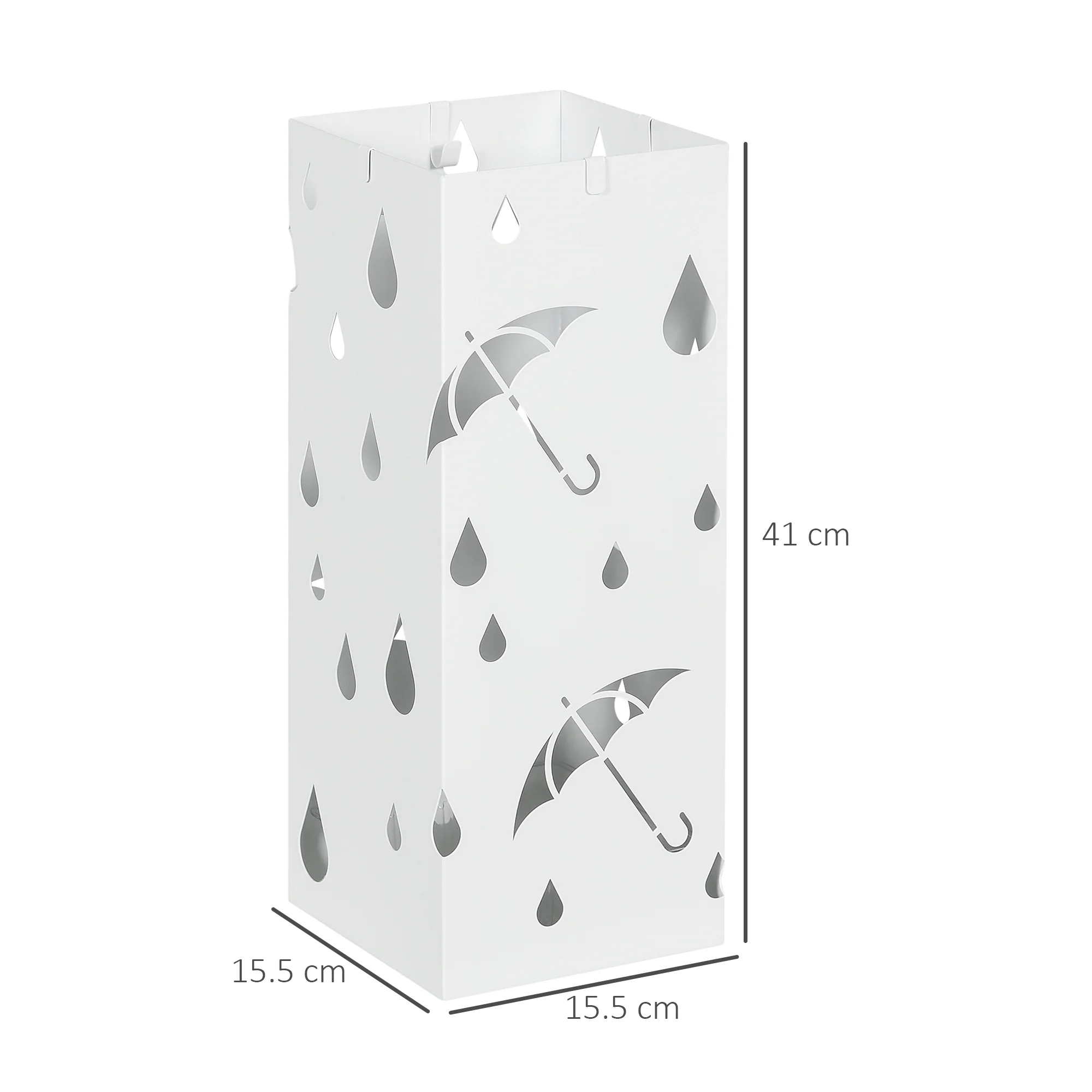 HOMCOM Metal Umbrella Stand, Square Umbrella Basket With 4 Hooks Drip Tray White - Image 5