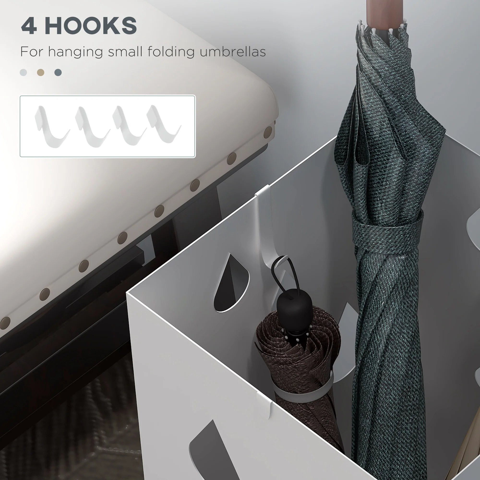 HOMCOM Metal Umbrella Stand, Square Umbrella Basket With 4 Hooks Drip Tray White - Image 6