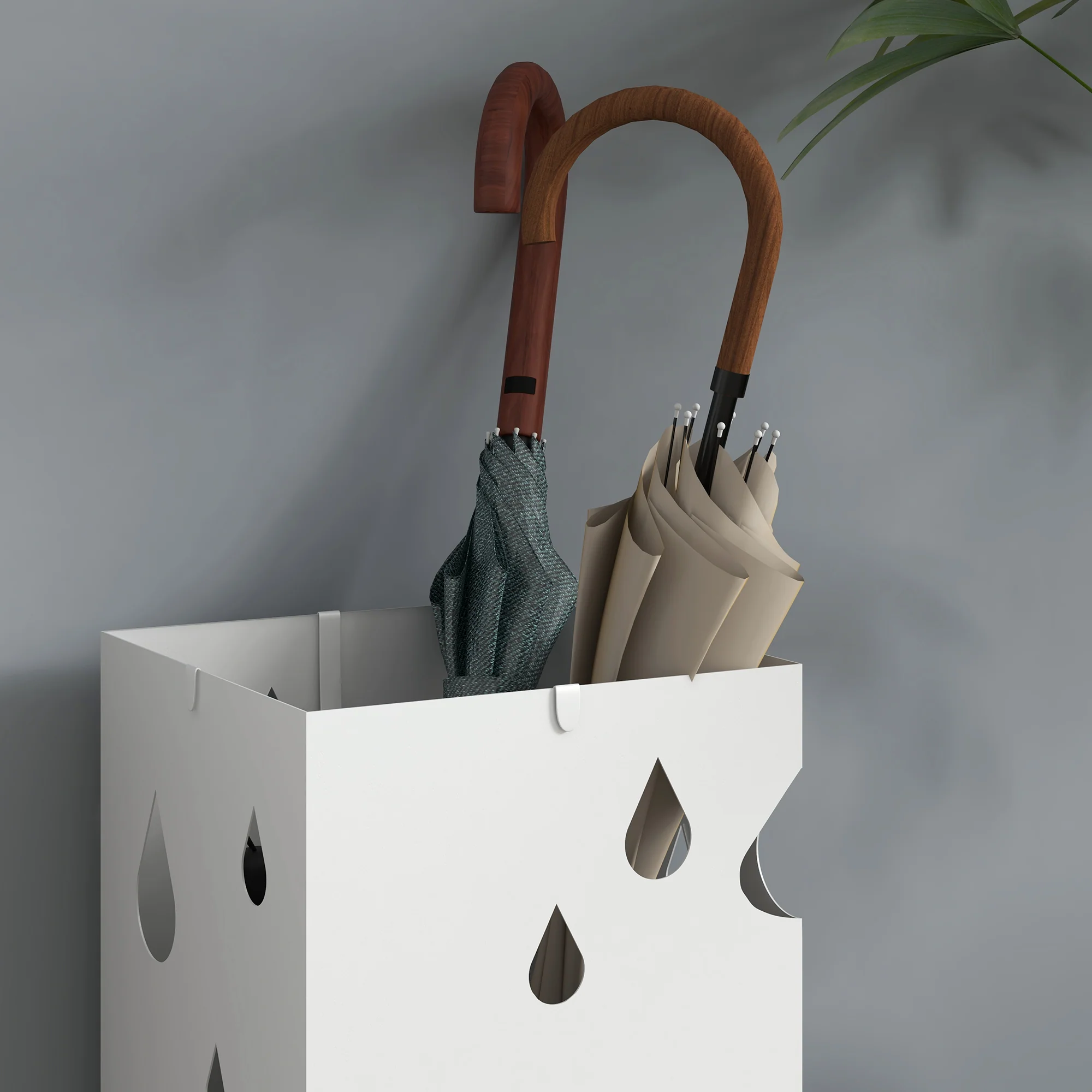 HOMCOM Metal Umbrella Stand, Square Umbrella Basket With 4 Hooks Drip Tray White - Image 7