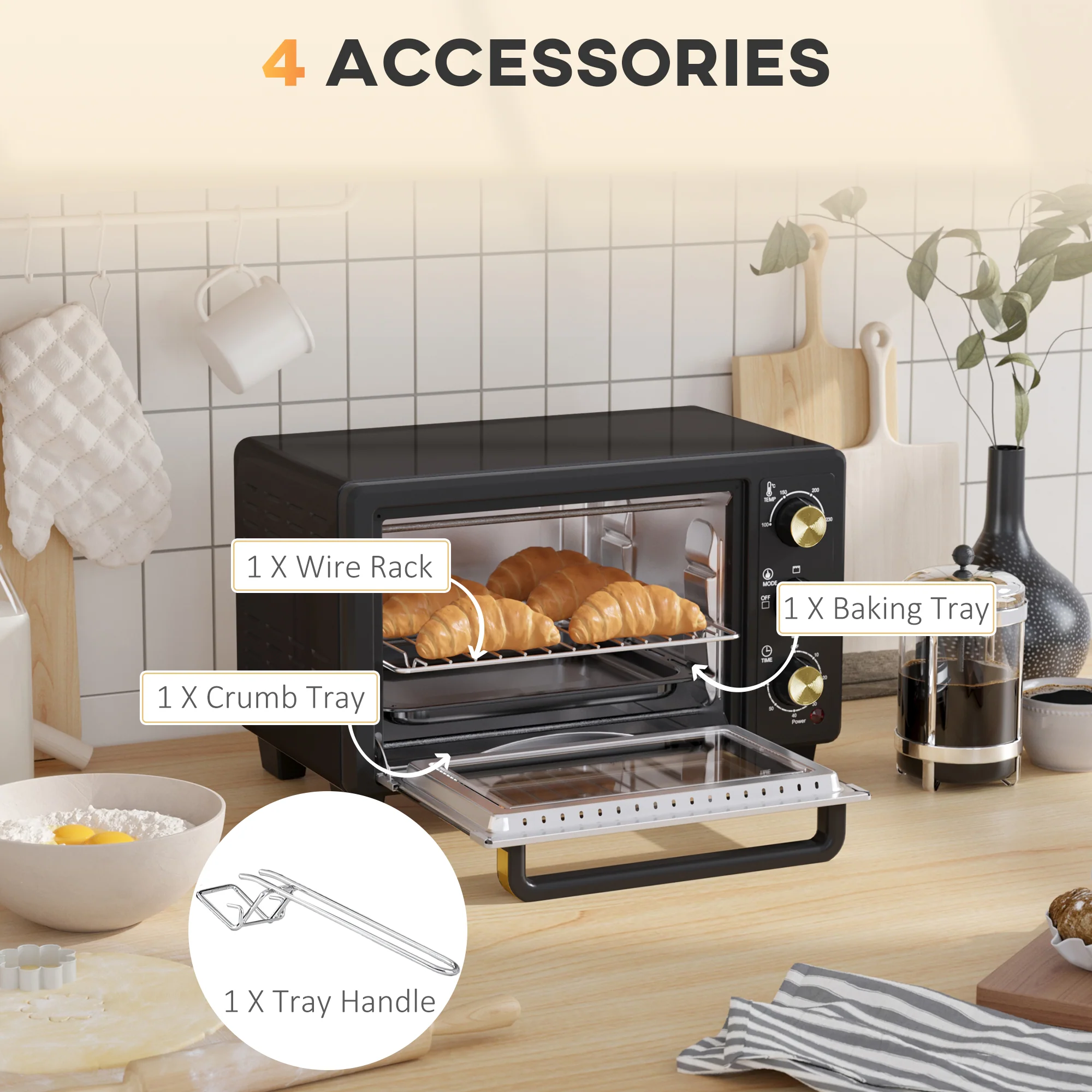 HOMCOM Mini Oven 16L Countertop Oven W/ Adjustable Temp Timer 1400W, Black - Image 6