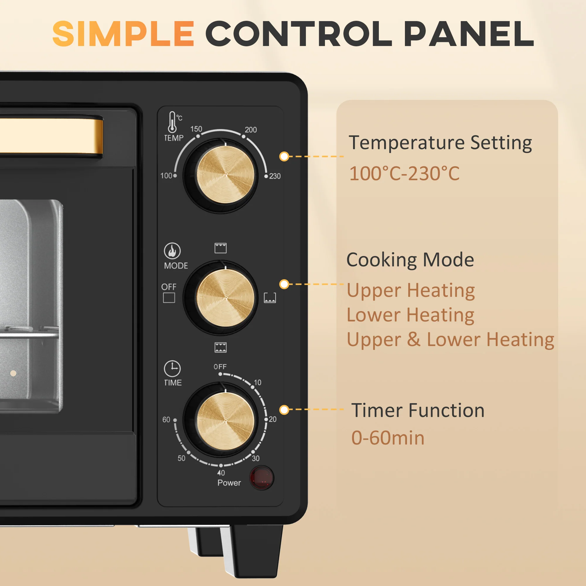 HOMCOM Mini Oven 16L Countertop Oven W/ Adjustable Temp Timer 1400W, Black - Image 7