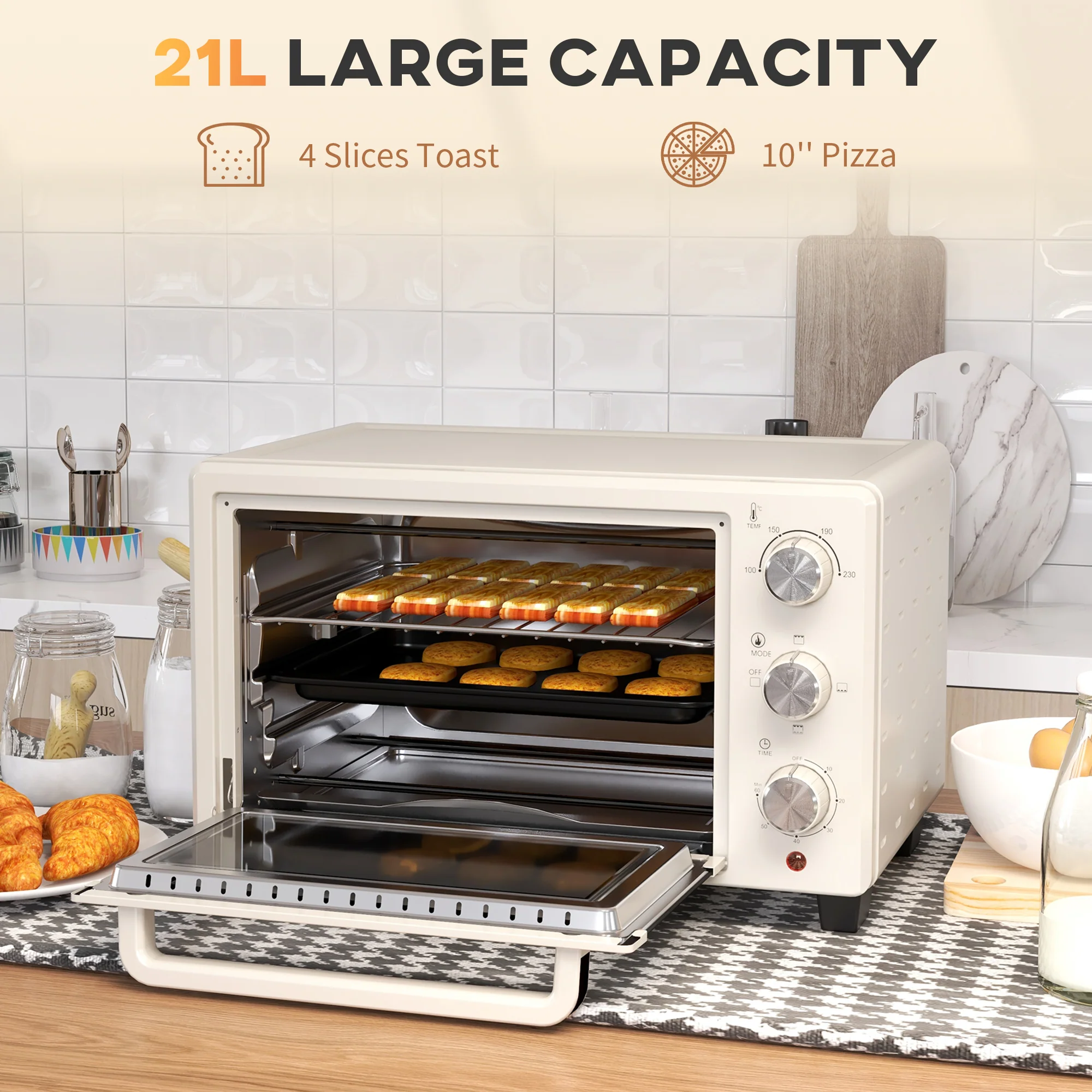 HOMCOM Mini Oven 21L Electric Grill W/ Adjustable Temp Timer 1400W, Cream - Image 3