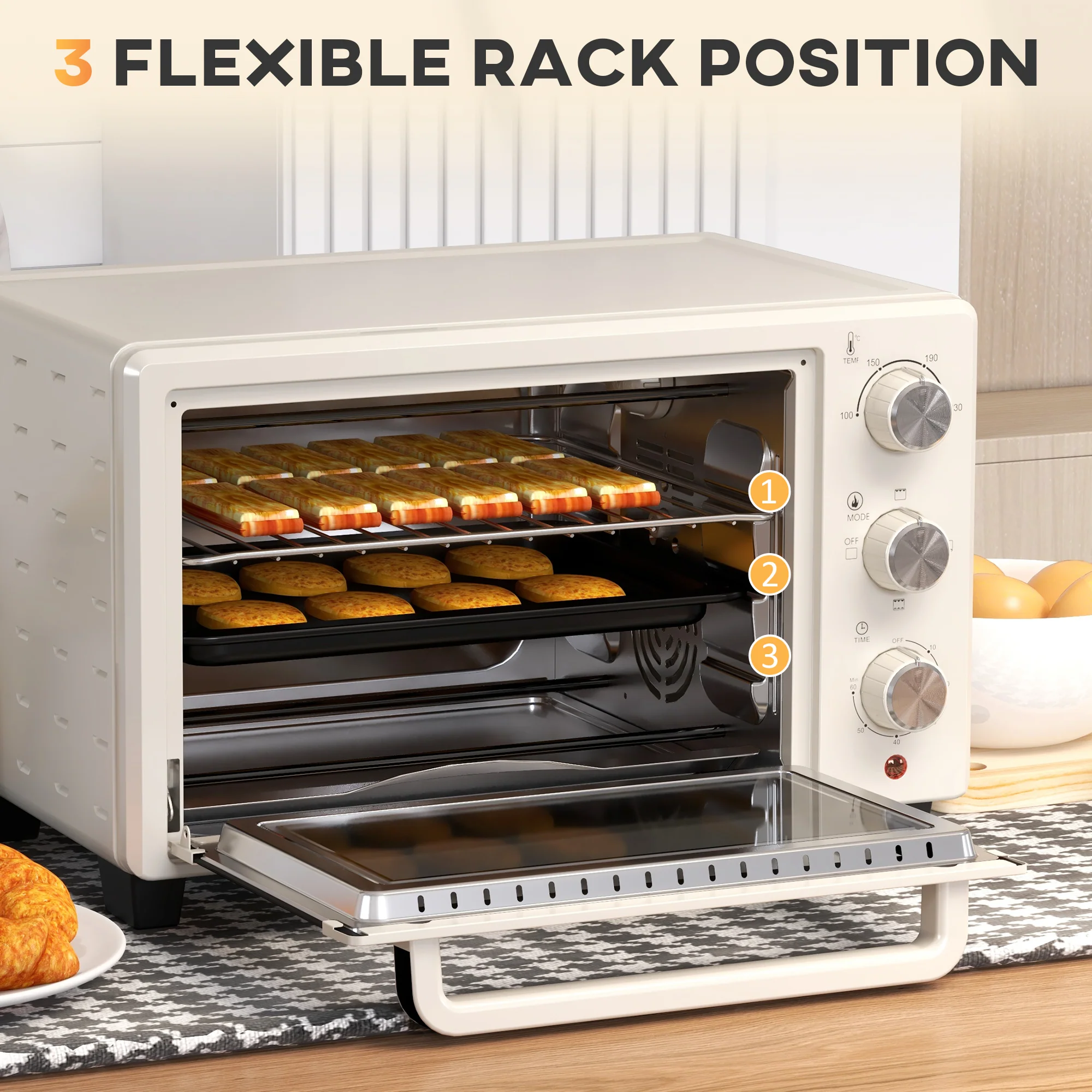 HOMCOM Mini Oven 21L Electric Grill W/ Adjustable Temp Timer 1400W, Cream - Image 4