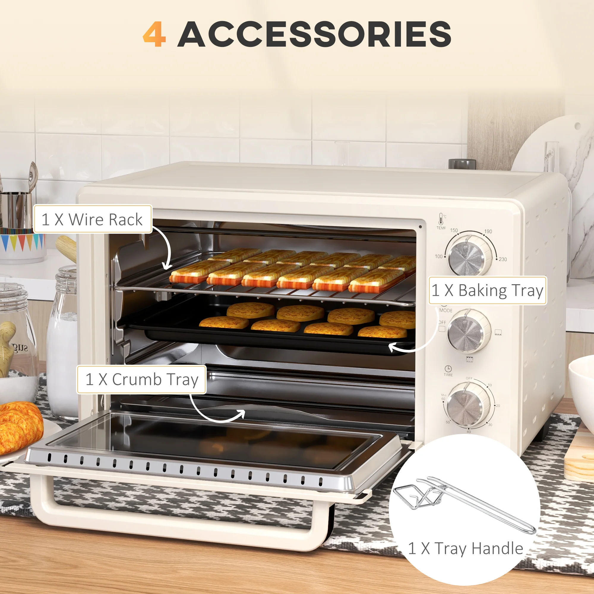 HOMCOM Mini Oven 21L Electric Grill W/ Adjustable Temp Timer 1400W, Cream - Image 6