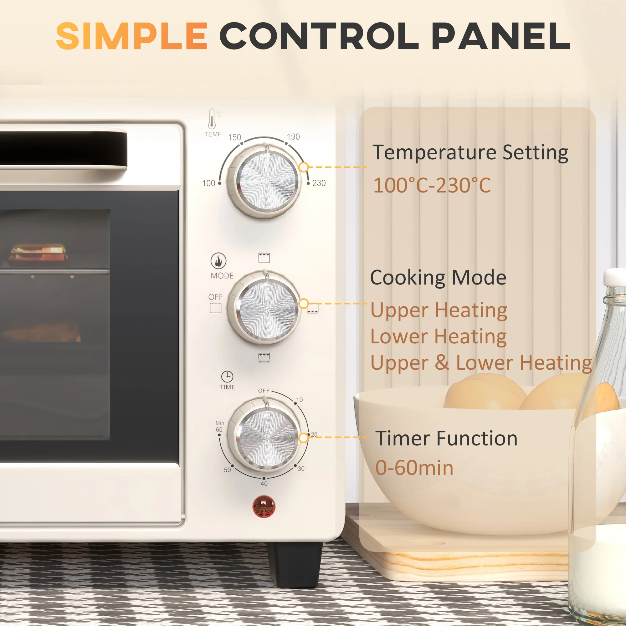 HOMCOM Mini Oven 21L Electric Grill W/ Adjustable Temp Timer 1400W, Cream - Image 7