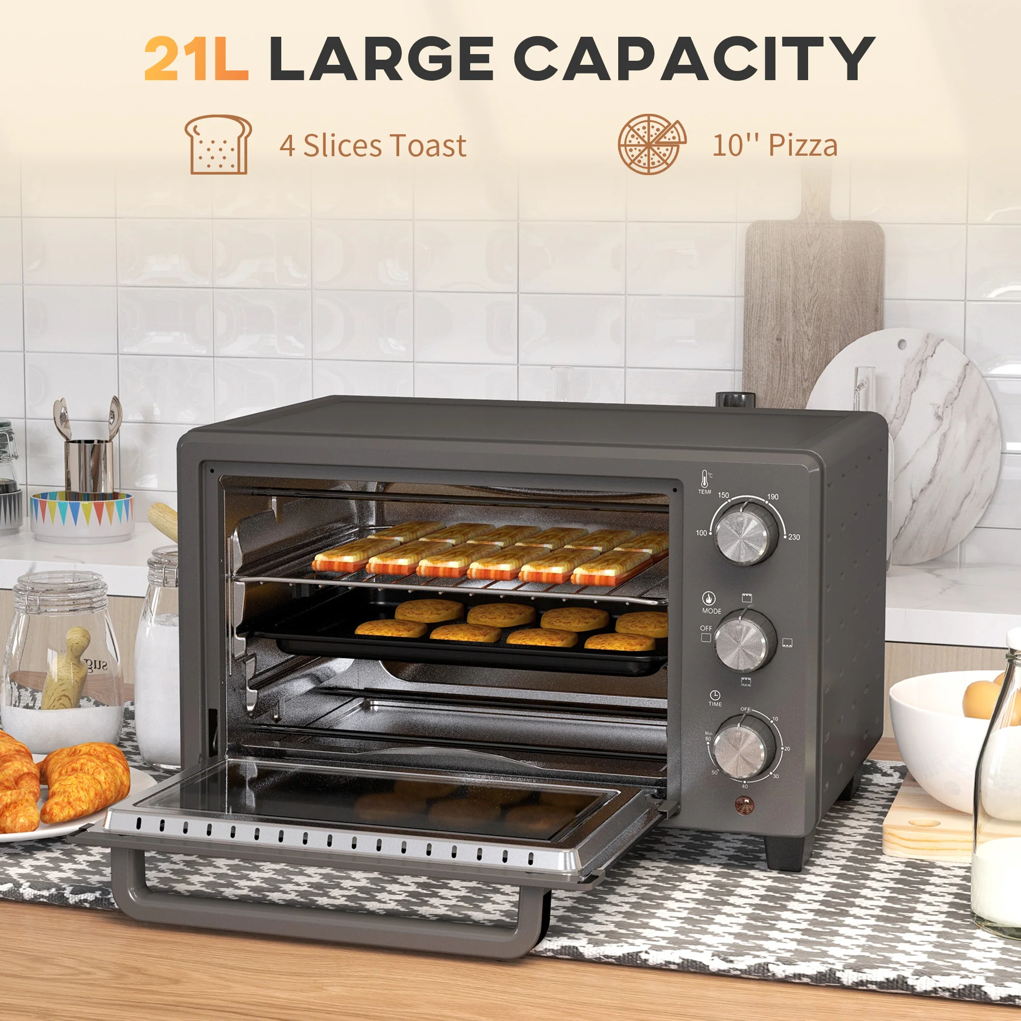 HOMCOM Mini Oven 21L Electric Grill W/ Adjustable Temp Timer 1400W, Grey - Image 3