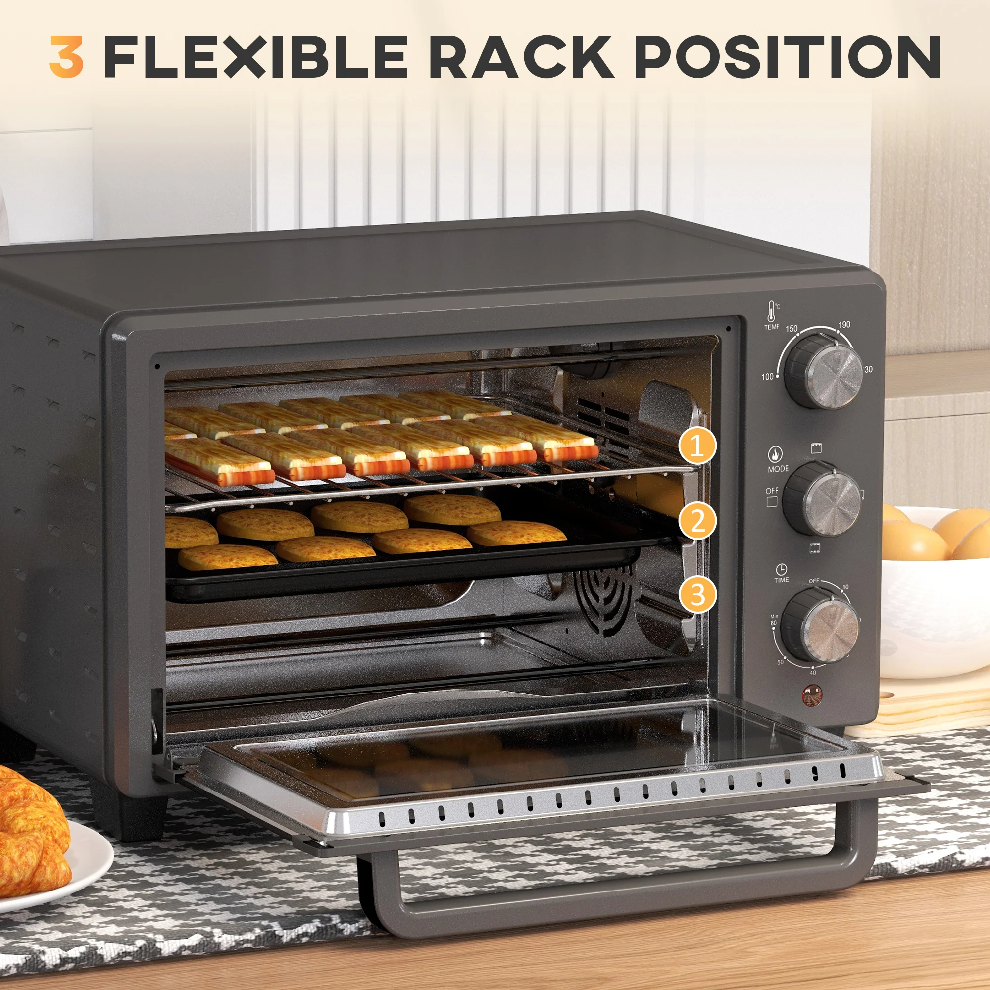 HOMCOM Mini Oven 21L Electric Grill W/ Adjustable Temp Timer 1400W, Grey - Image 4