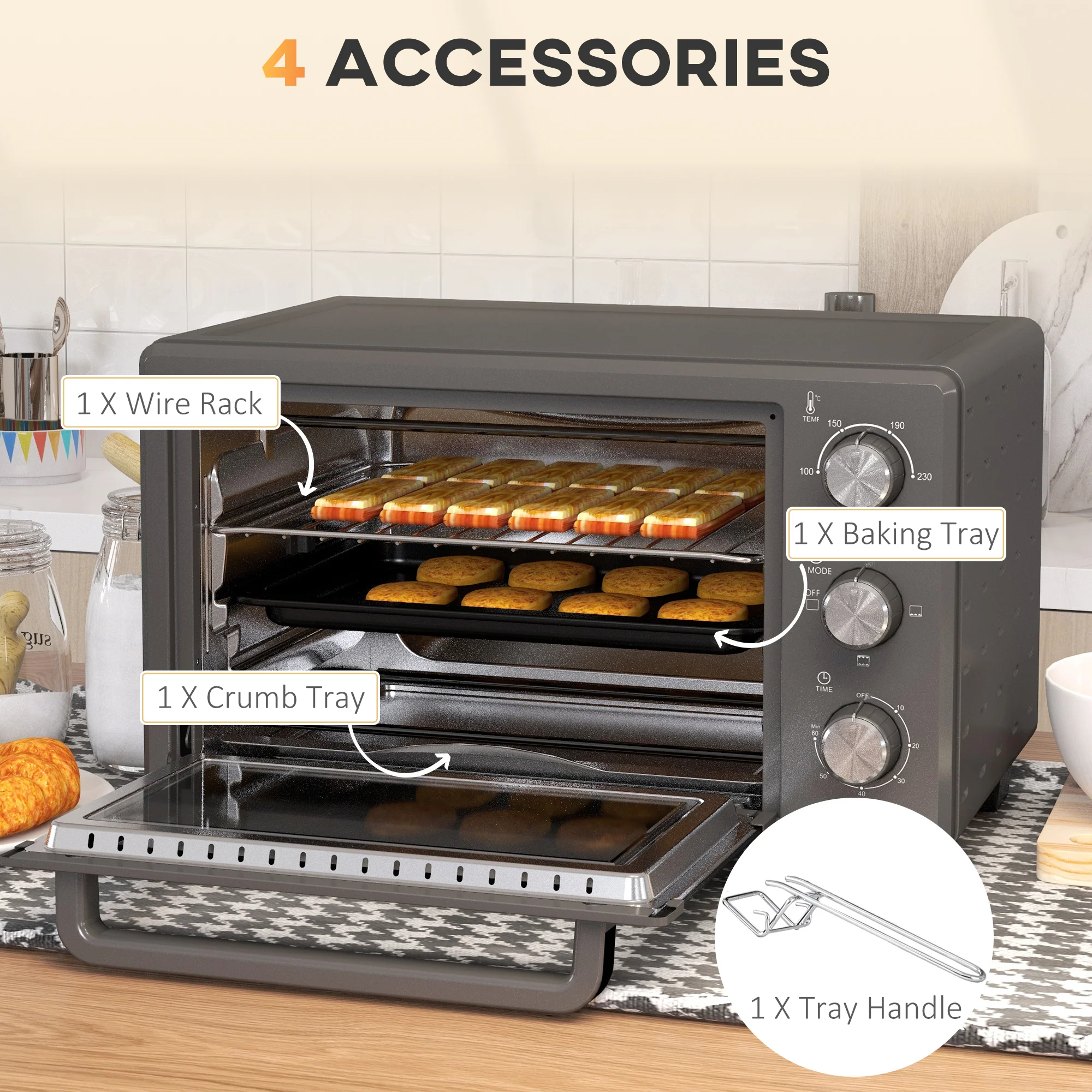 HOMCOM Mini Oven 21L Electric Grill W/ Adjustable Temp Timer 1400W, Grey - Image 6