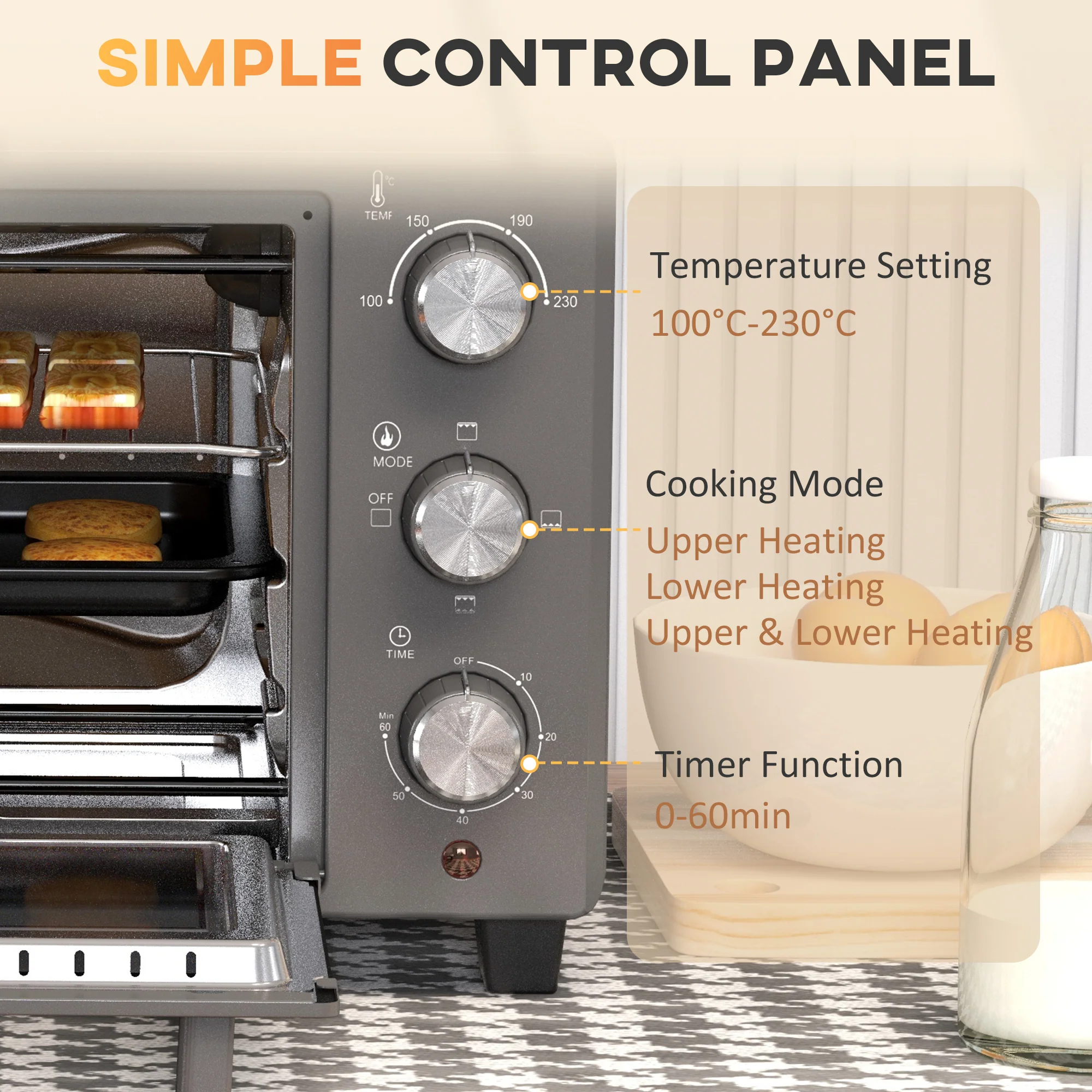 HOMCOM Mini Oven 21L Electric Grill W/ Adjustable Temp Timer 1400W, Grey - Image 7