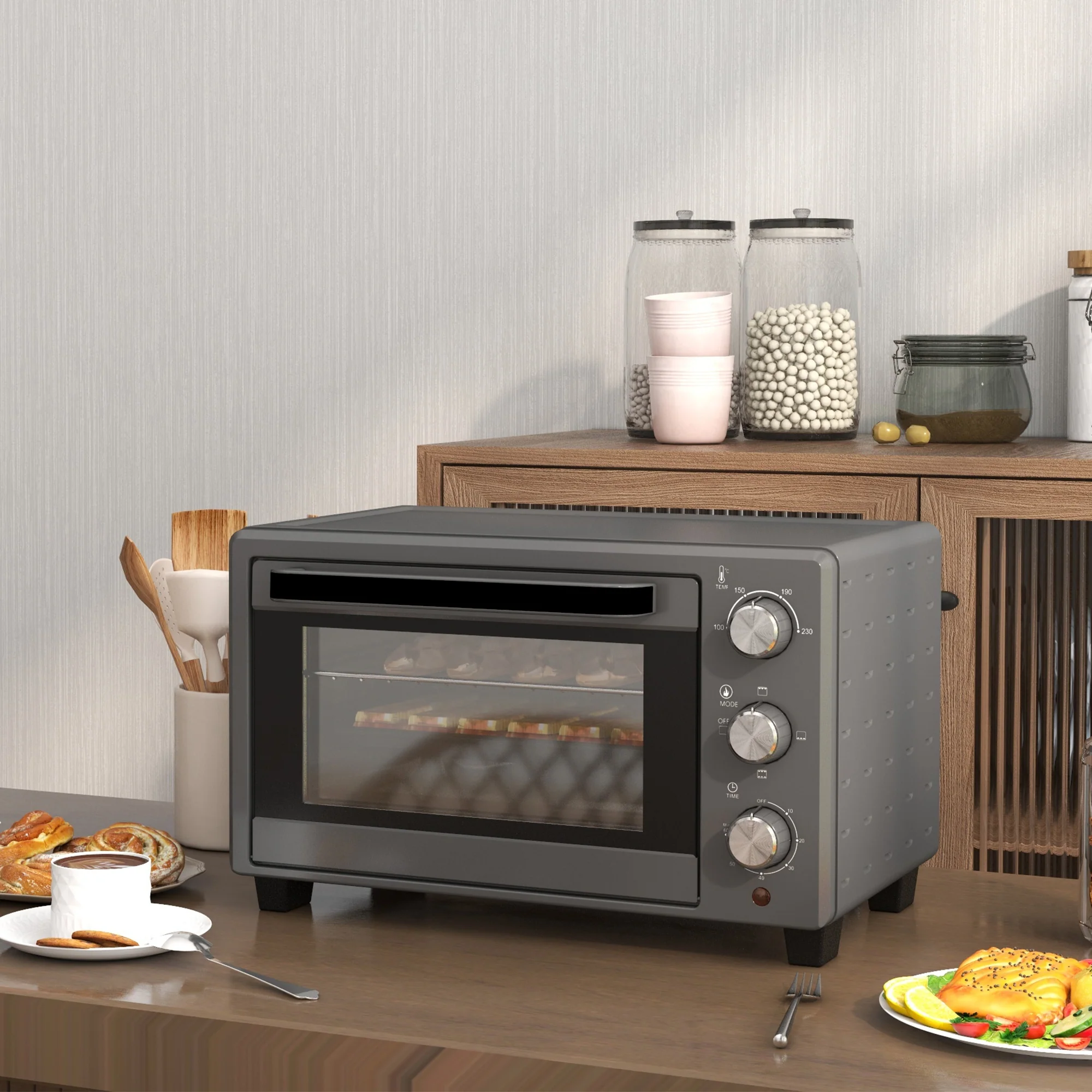 HOMCOM Mini Oven 21L Electric Grill W/ Adjustable Temp Timer 1400W, Grey - Image 9