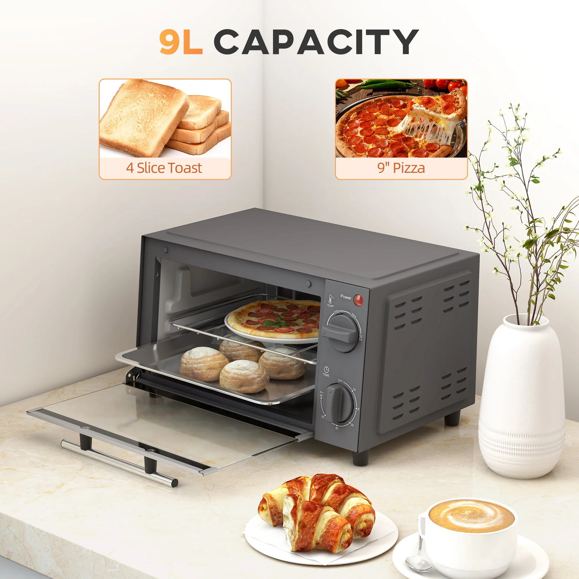 HOMCOM Mini Oven 9L Countertop Electric Grill W/ Temp Timer Control 750W - Image 12