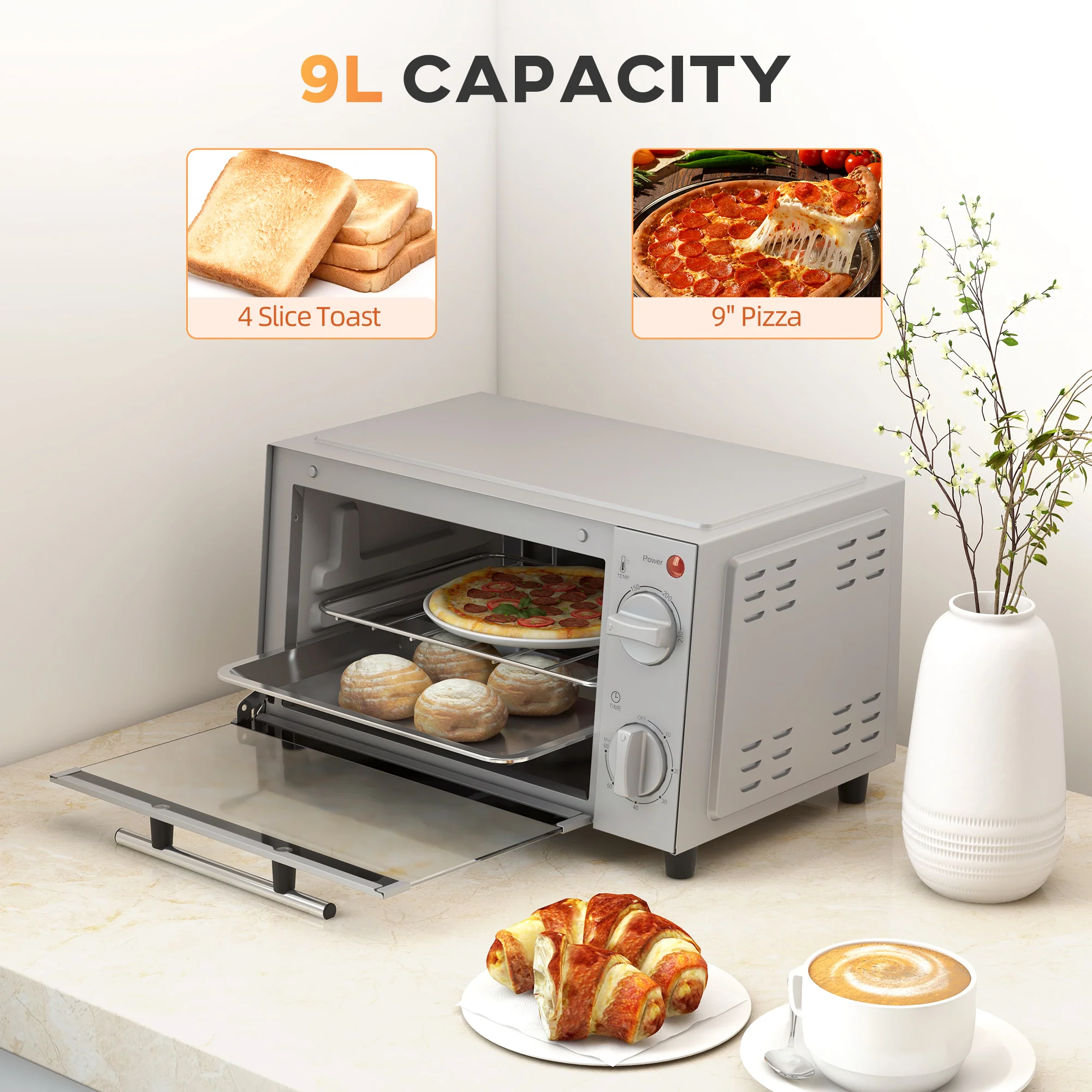 HOMCOM Mini Oven 9L Countertop Electric Grill W/ Temp Timer Control 750W - Image 3