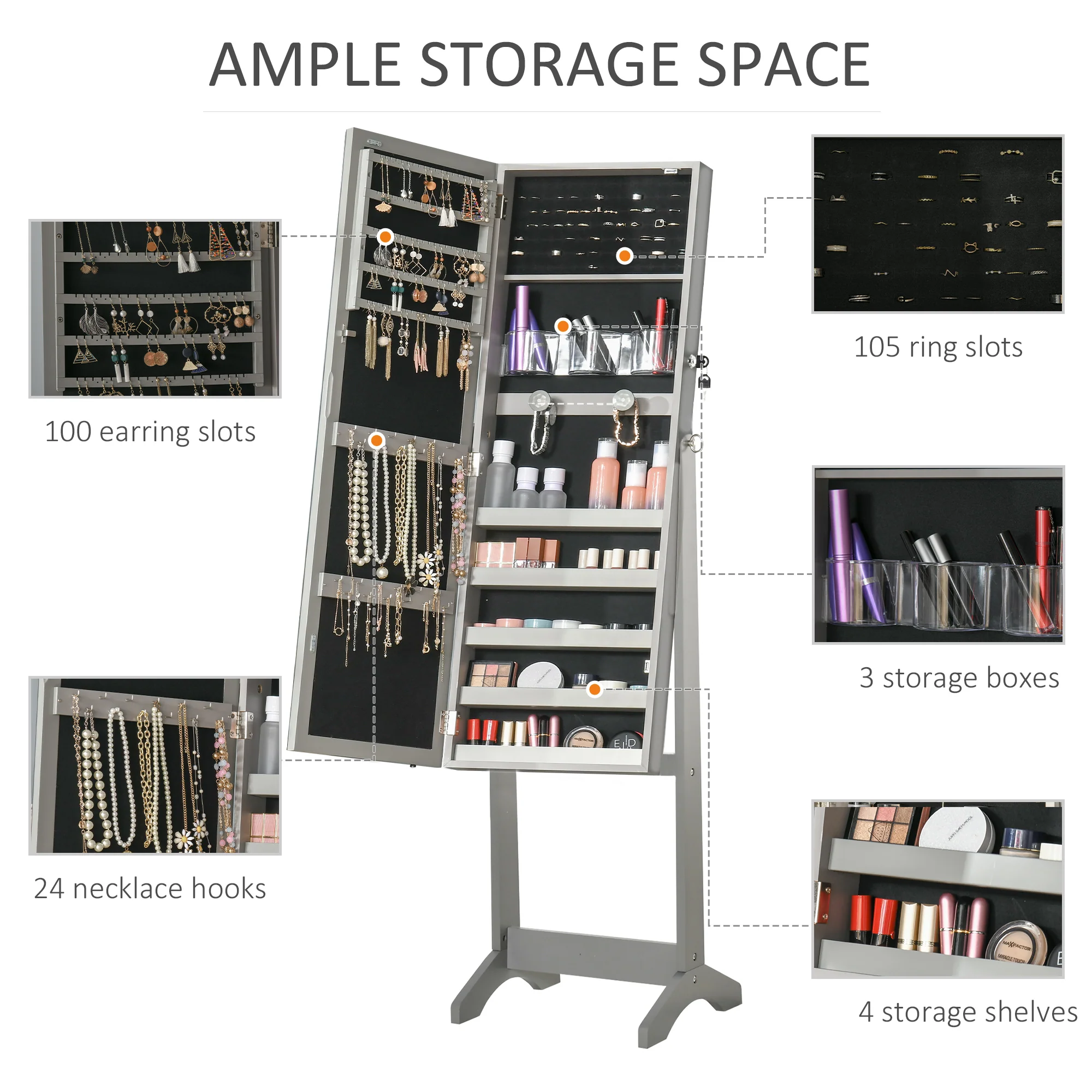HOMCOM Mirrored Jewellery Cabinet W/ LED Light Lockable Jewellery Armoire Grey - Image 3