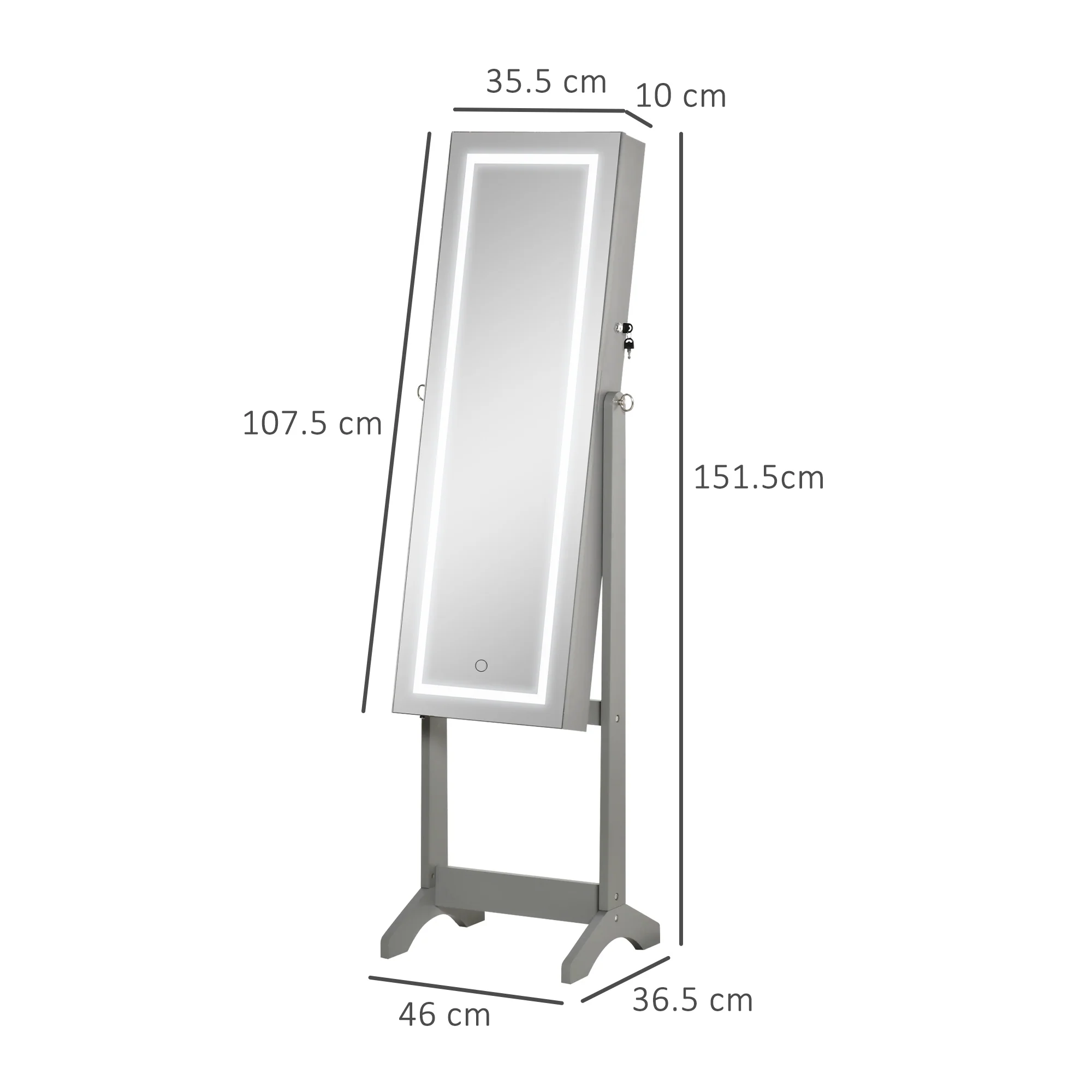 HOMCOM Mirrored Jewellery Cabinet W/ LED Light Lockable Jewellery Armoire Grey - Image 5