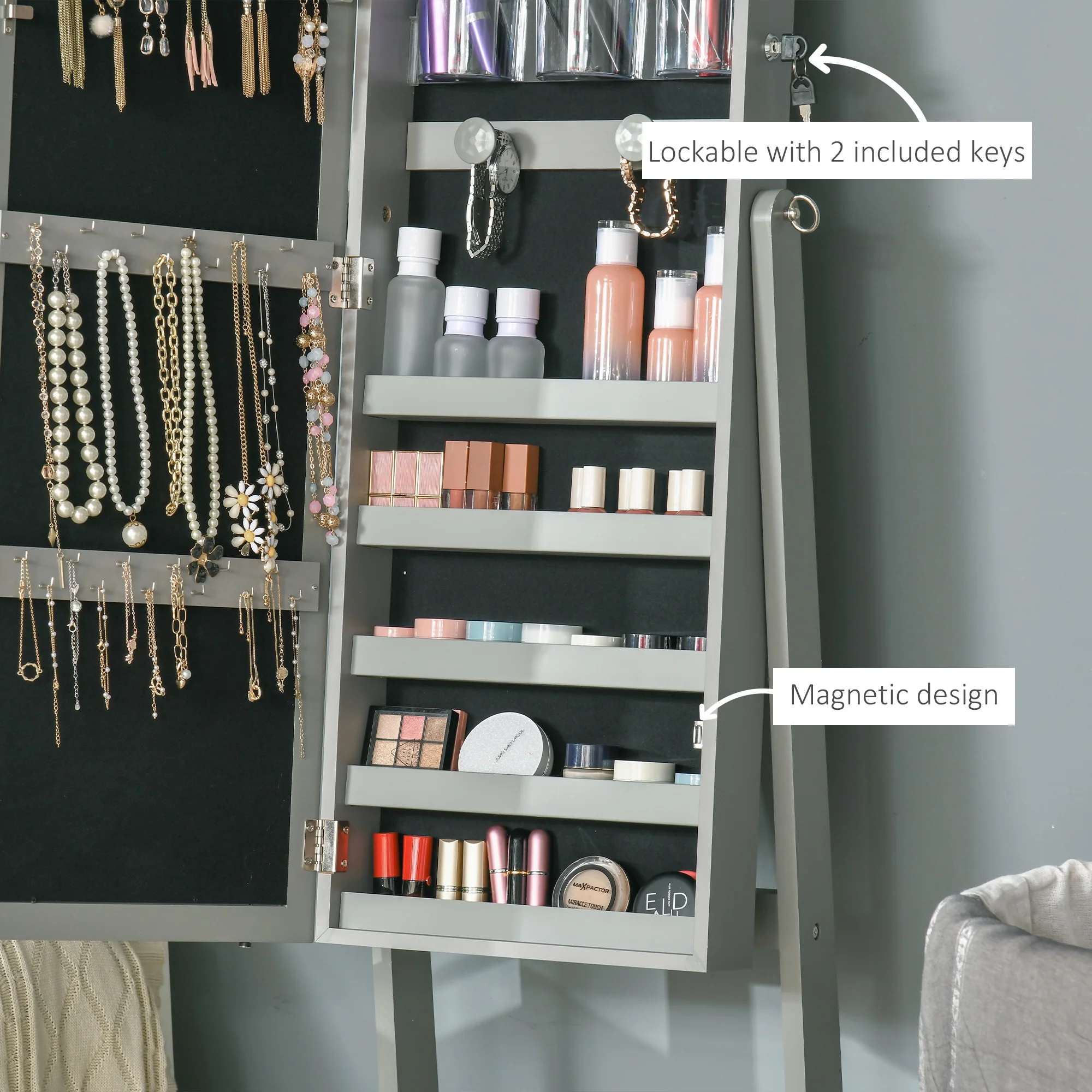 HOMCOM Mirrored Jewellery Cabinet W/ LED Light Lockable Jewellery Armoire Grey - Image 7