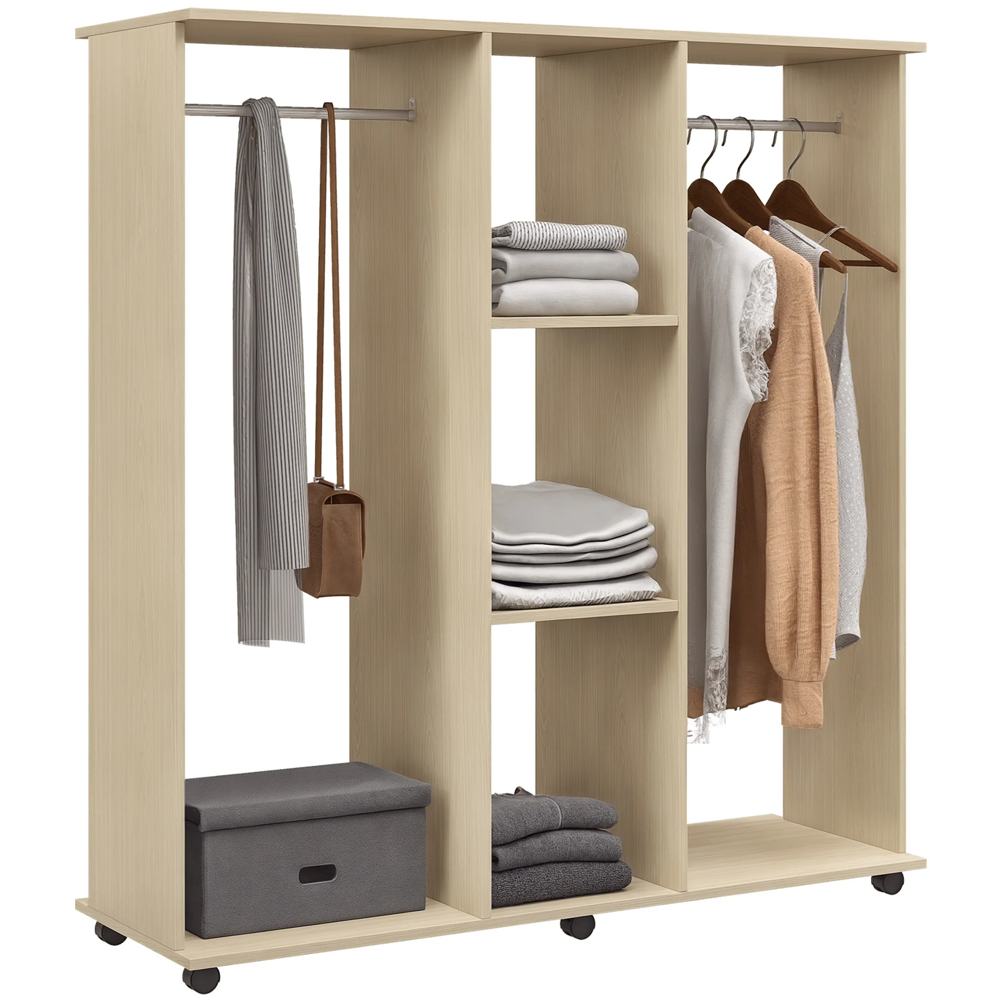 HOMCOM Mobile Double Open Wardrobe w/ Clothes Hanging Rail Colthing Natural