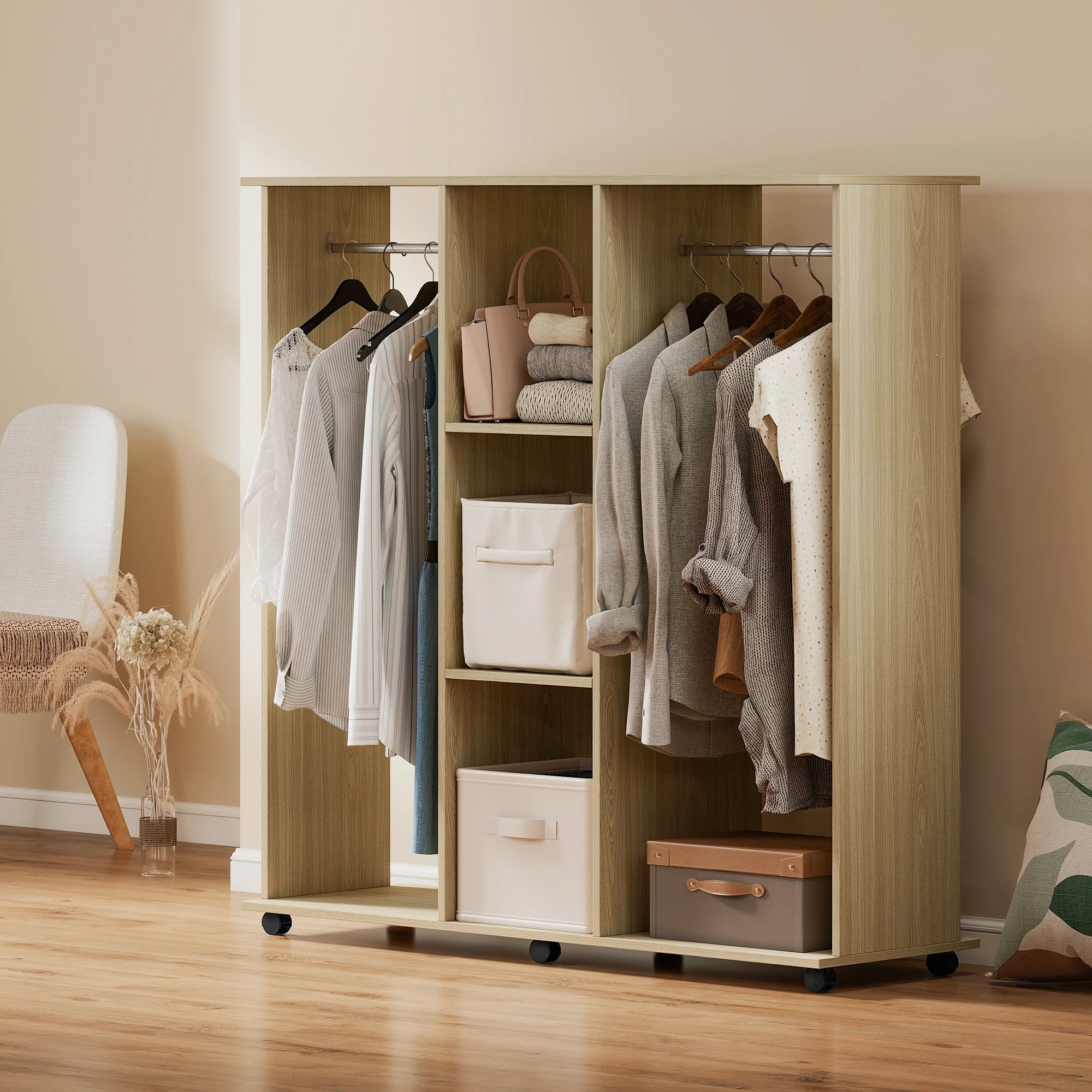 HOMCOM Mobile Double Open Wardrobe w/ Clothes Hanging Rail Colthing Natural - Image 2