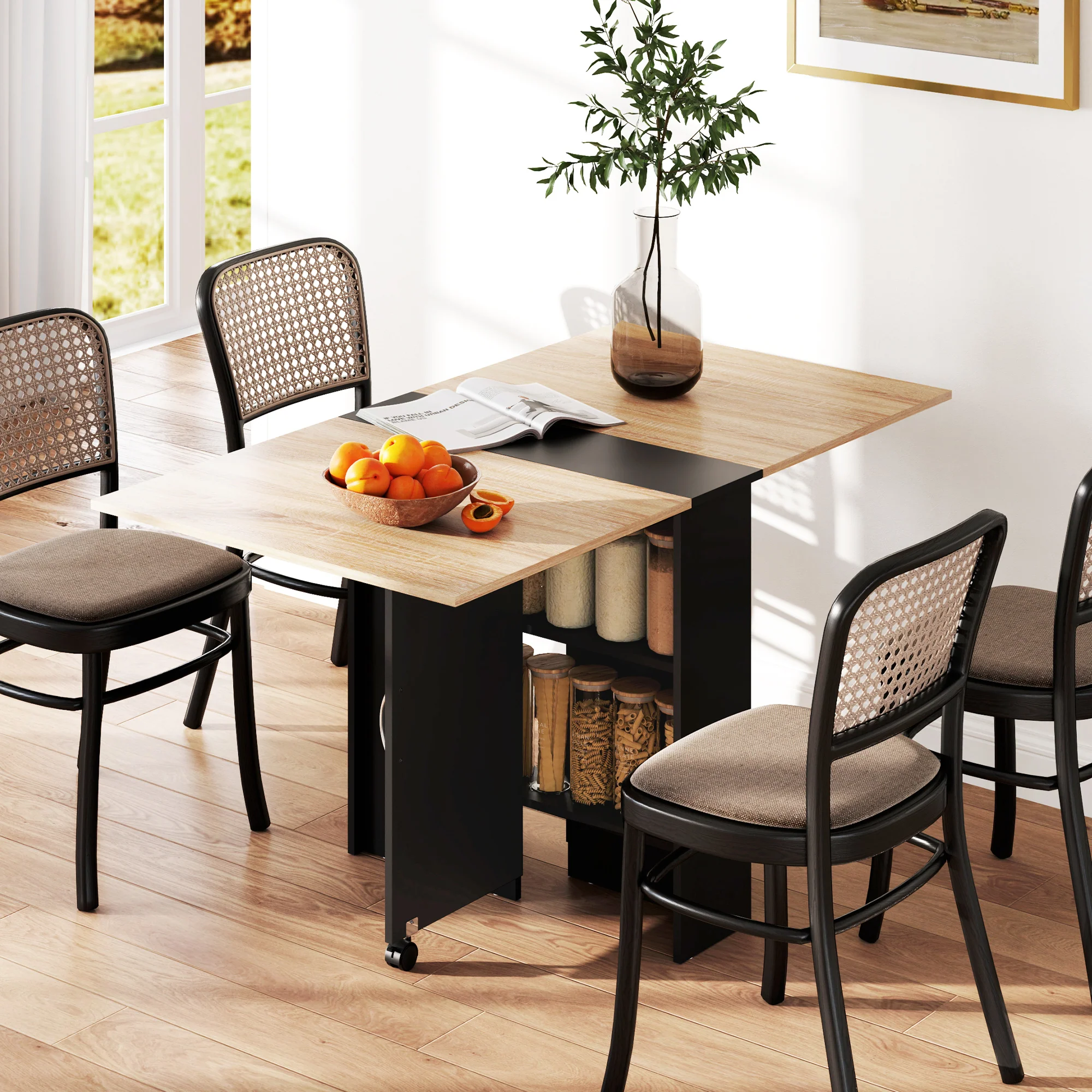 HOMCOM Mobile Drop Leaf Dining Table Folding Desk w/ 2 wheels Storage Shelves - Image 2