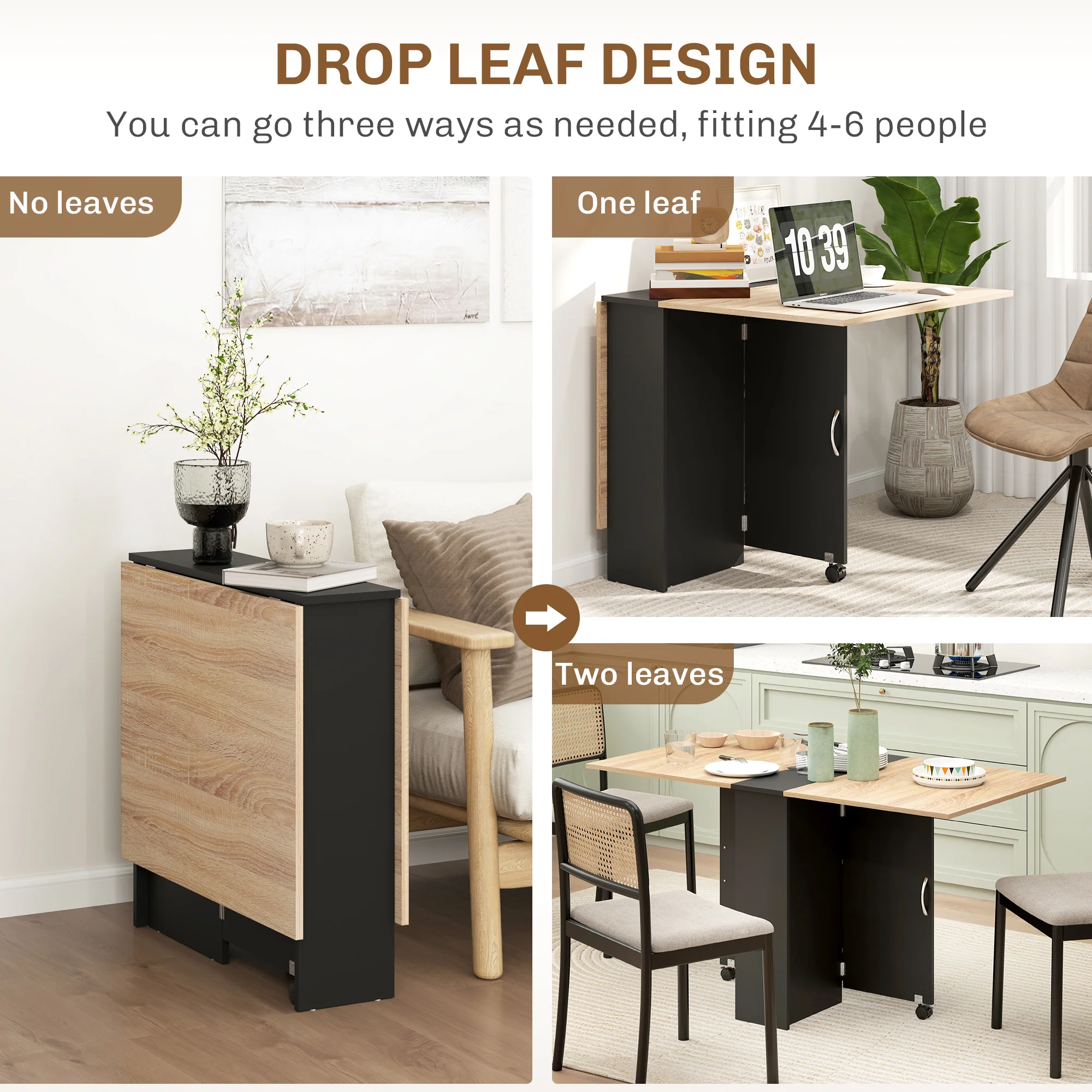 HOMCOM Mobile Drop Leaf Dining Table Folding Desk w/ 2 wheels Storage Shelves - Image 3