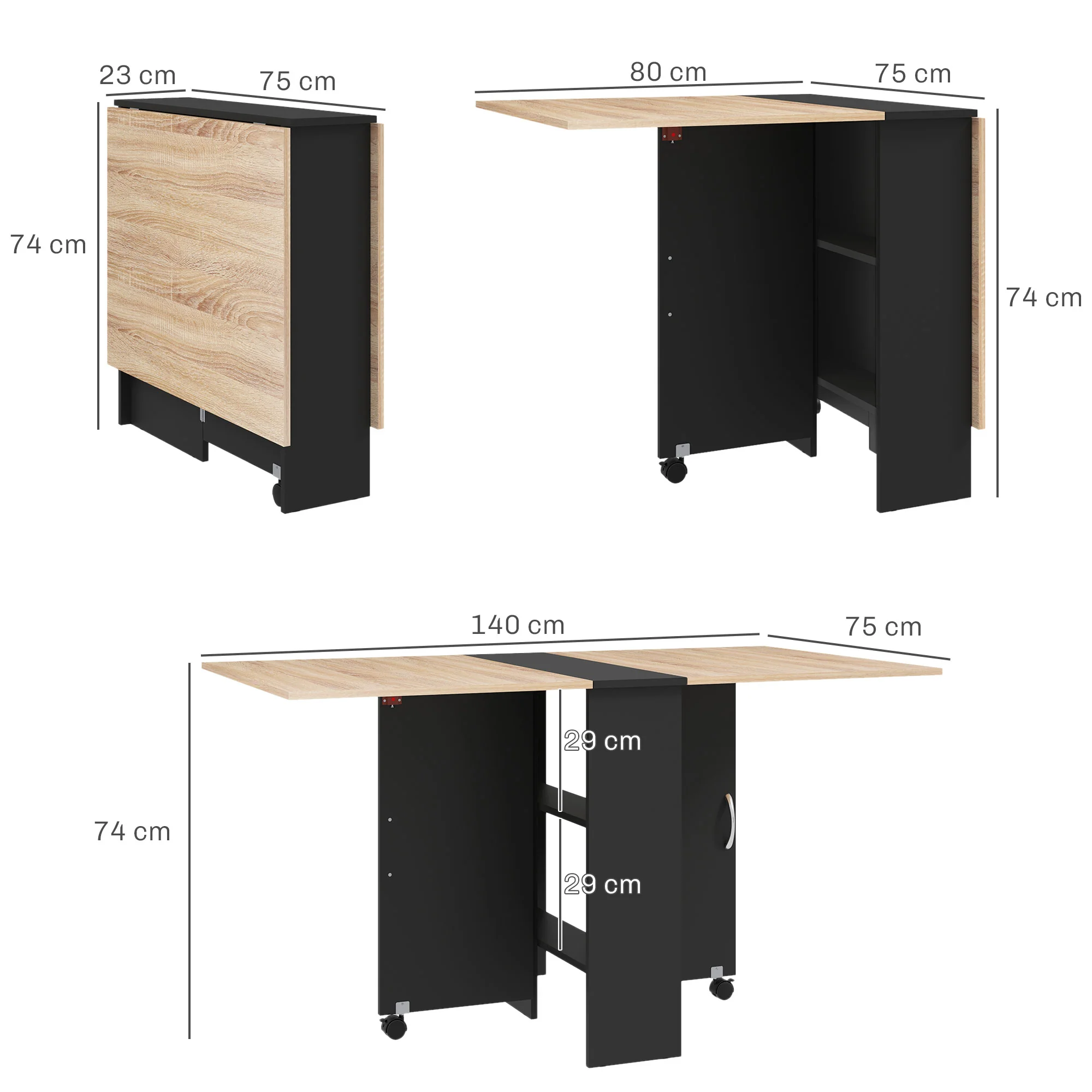 HOMCOM Mobile Drop Leaf Dining Table Folding Desk w/ 2 wheels Storage Shelves - Image 5